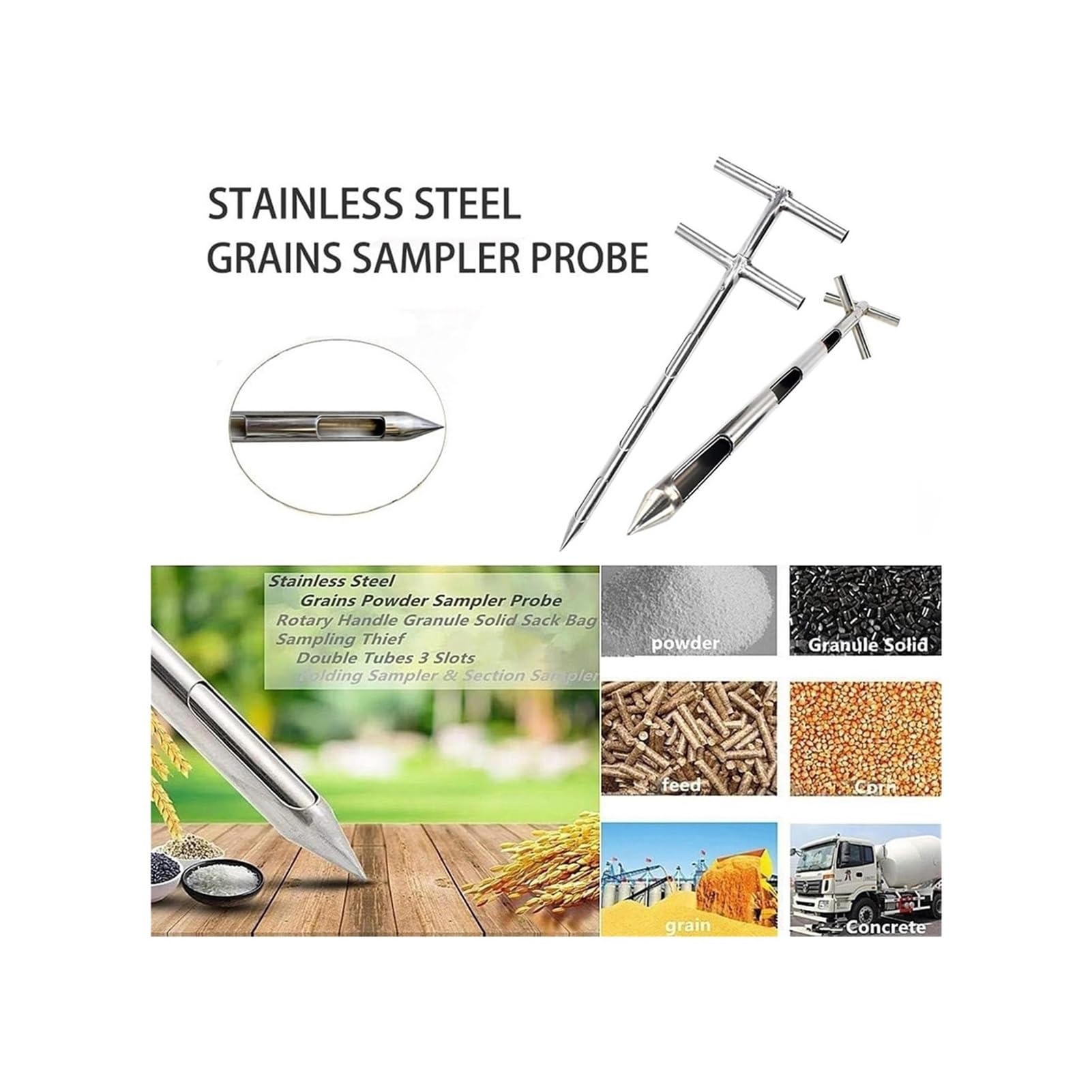 Campionatore di grano in acciaio inossidabile con manico rotante a 3 slot, sonda per sostanze chimiche granulari, lunghezza durevole 0,8 m, strumento di campionamento diametro 25 mm
