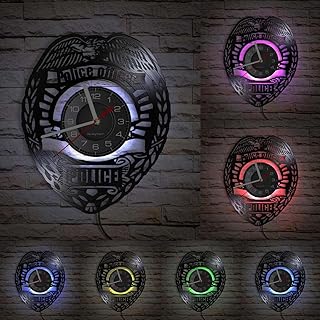 Timethink 12' Police Officer Badge LED Vinyl Record Wall Clock with 7 Colors Changing Non-Ticking, Handmade Vintage Hanging Night Light Clock Watch for Labor Day Policemen Gift Bedroom Living Room