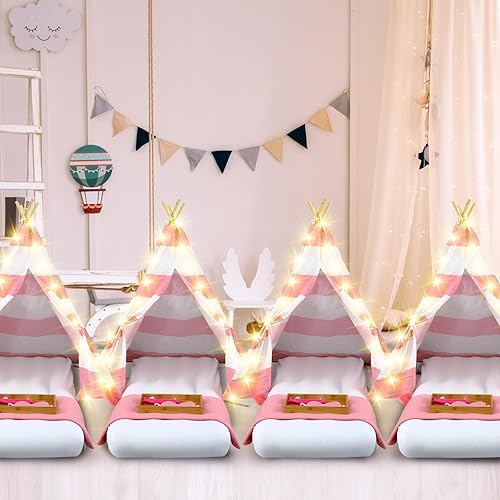 Miniatura 5 de Lemosae Paquete de 6 tiendas de campaña tipo tipi para niños a granel con cama de aire inflable, tira de luces y sábana bajera, algodón natural,