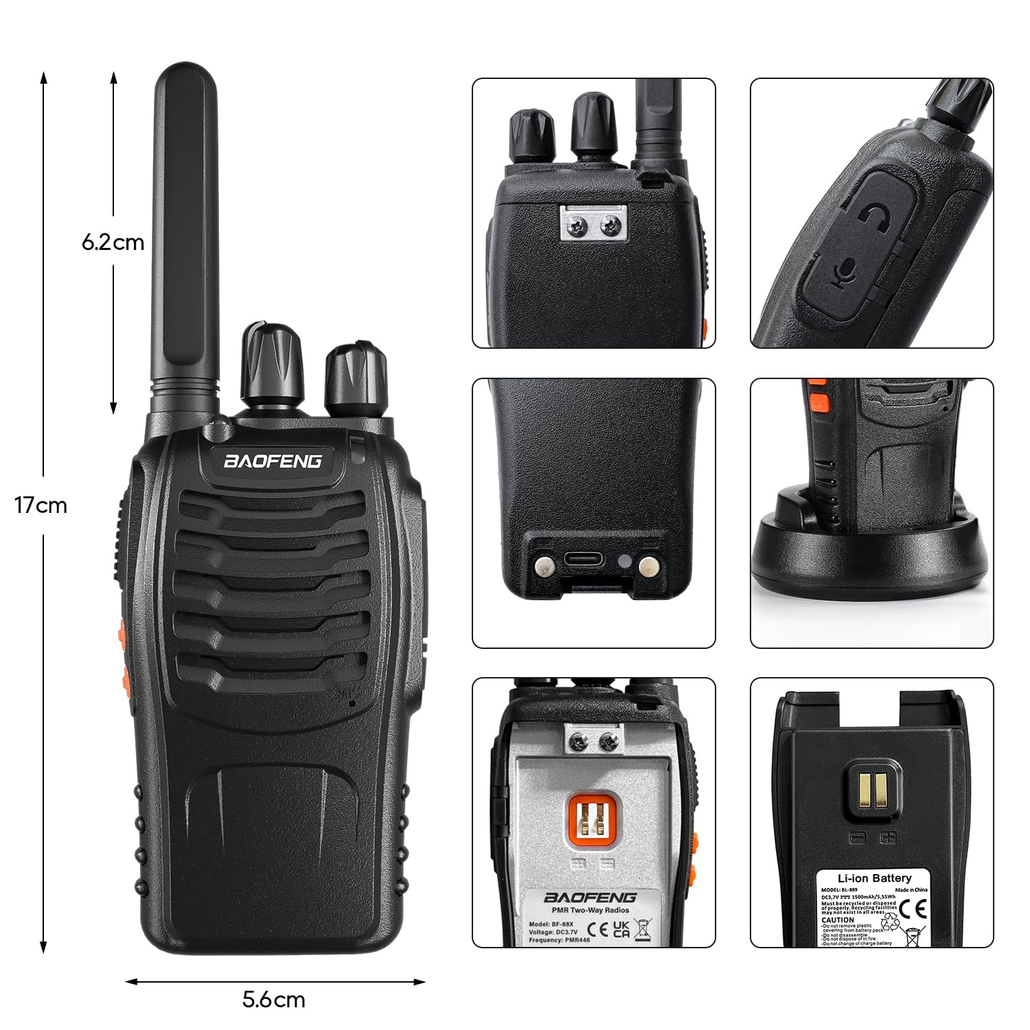 Baofeng Walkie Talkie Radios Bidireccionales BF-88X 16 Canales USB Recargable VOX Walkie Talkies Profesionales,Incluye Base de Carga, Batería y Auriculares(2 Piezas)