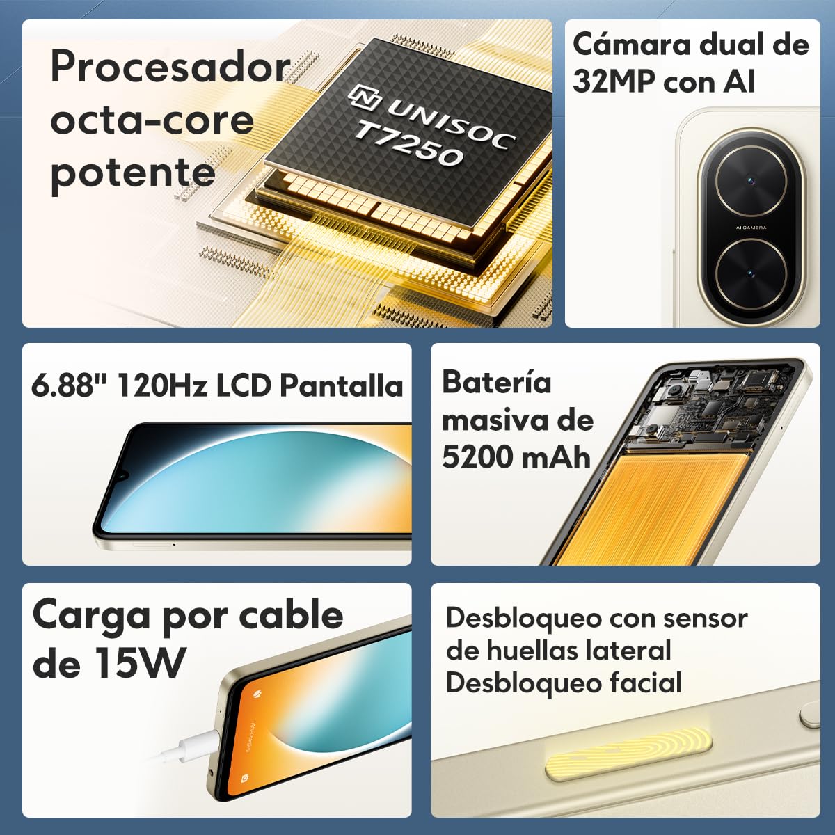 XIAOMI POCO C71 4G Smartphone, 3GB+64GB Oro, Unisoc T7250 Octa-Core, Schermo immersivo 6,9" 120Hz, Batteria 5200 mAh, Fotocamera dual 32 MP AI