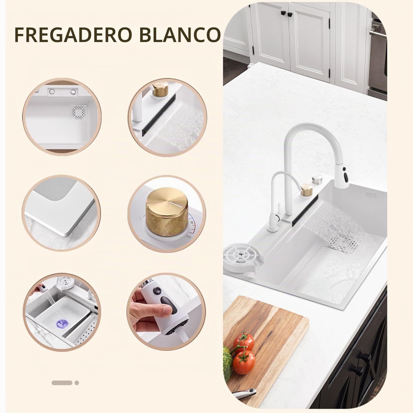 Fregadero de cocina blanco Fregadero de acero inoxidable Fregadero para el hogar Fregadero de cocina de una estación de trabajo con grifo extraíble y varios accesorios (Blanco,68 * 45 * 22CM)