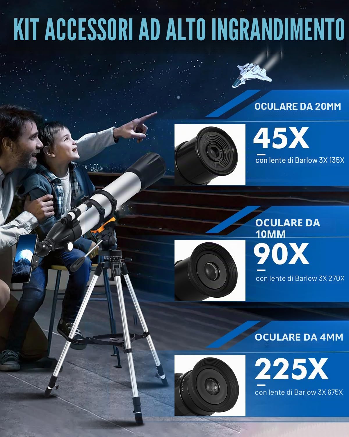 Telescopio Astronomico per Adulti e Principianti - Apertura 90mm, 900mm Refrattori Telescopi Professionale, Telescope Portatile per Bambini con Treppiede, Adattatore Telefono, Filtro lunare