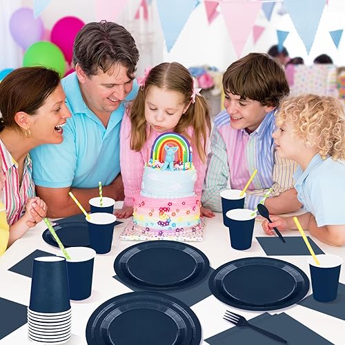 Miniatura 6 de TWOWYHI El juego de 228 piezas de suministros de fiesta azul marino incluye platos de papel, vasos, servilletas de papel, cucharas de plástico,