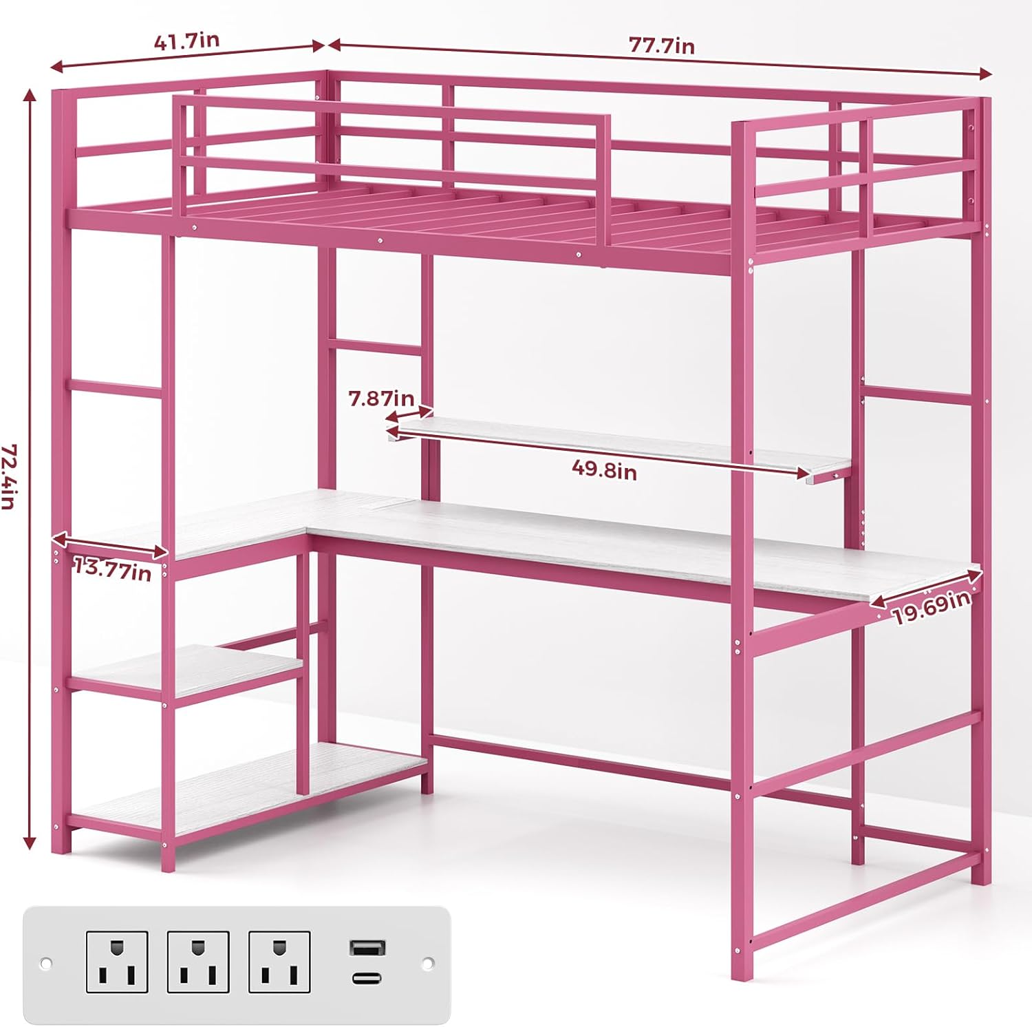Tatub Twin Loft Bed with detailed dimensions for length, width, height, desk, and monitor stand