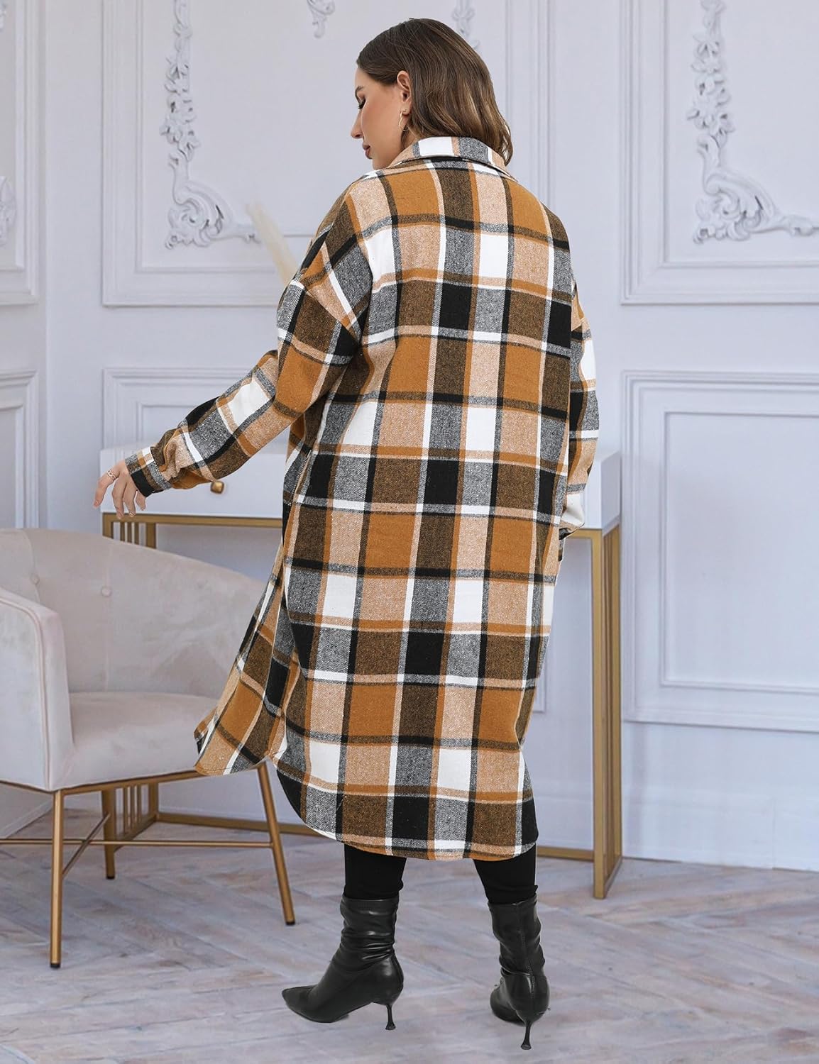 CYCLAMEN 2024 Women's Plus Size 1X-5X Long Flannel Plaid Shacket Jacket Calf-Length Button Down Coat Shirt Pocket Fall Winter - Image 2