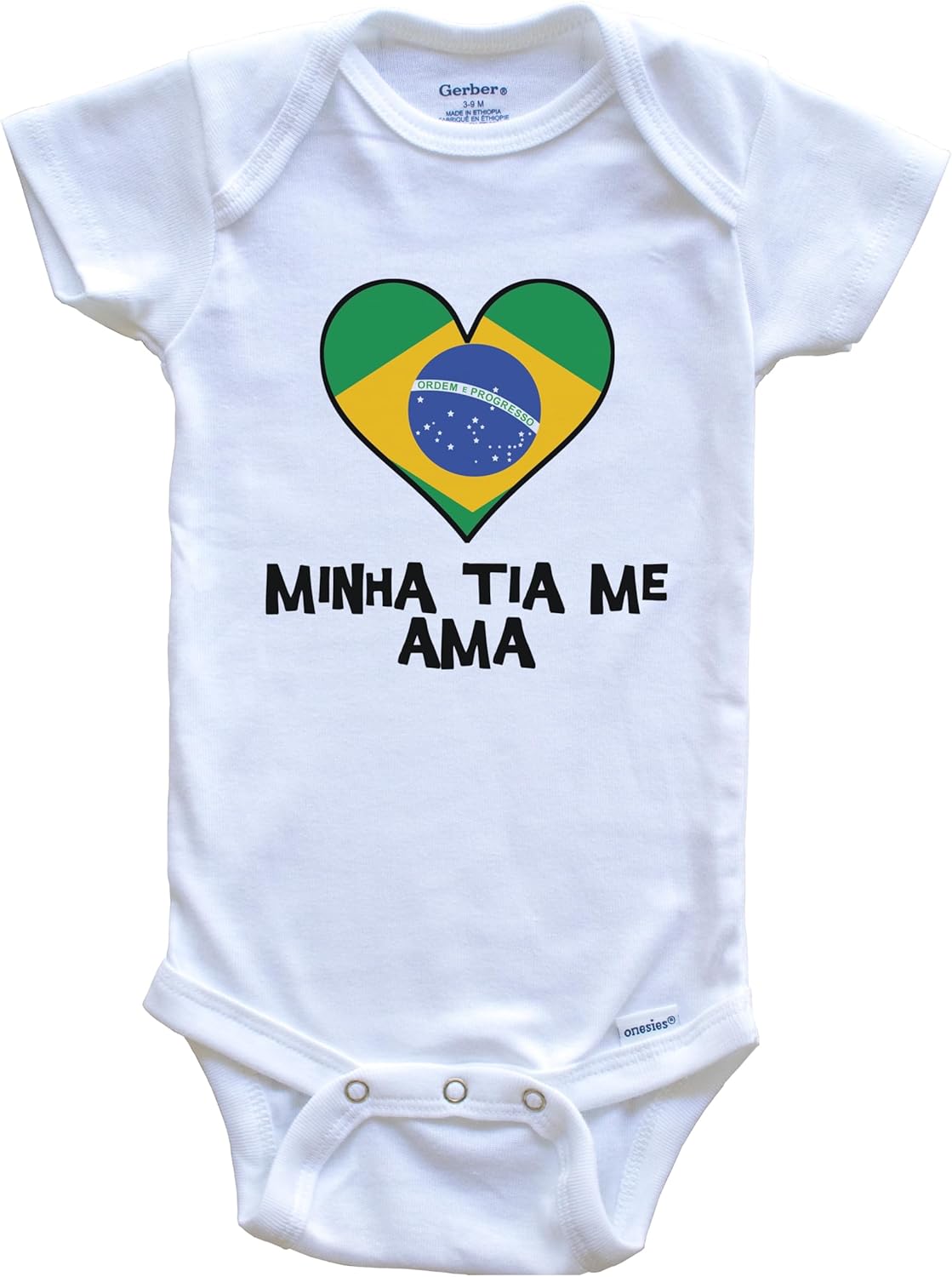 My Aunt Loves Me Portuguese Language Brazil Flag Heart One Piece Baby Bodysuit - Minha tia me AMA