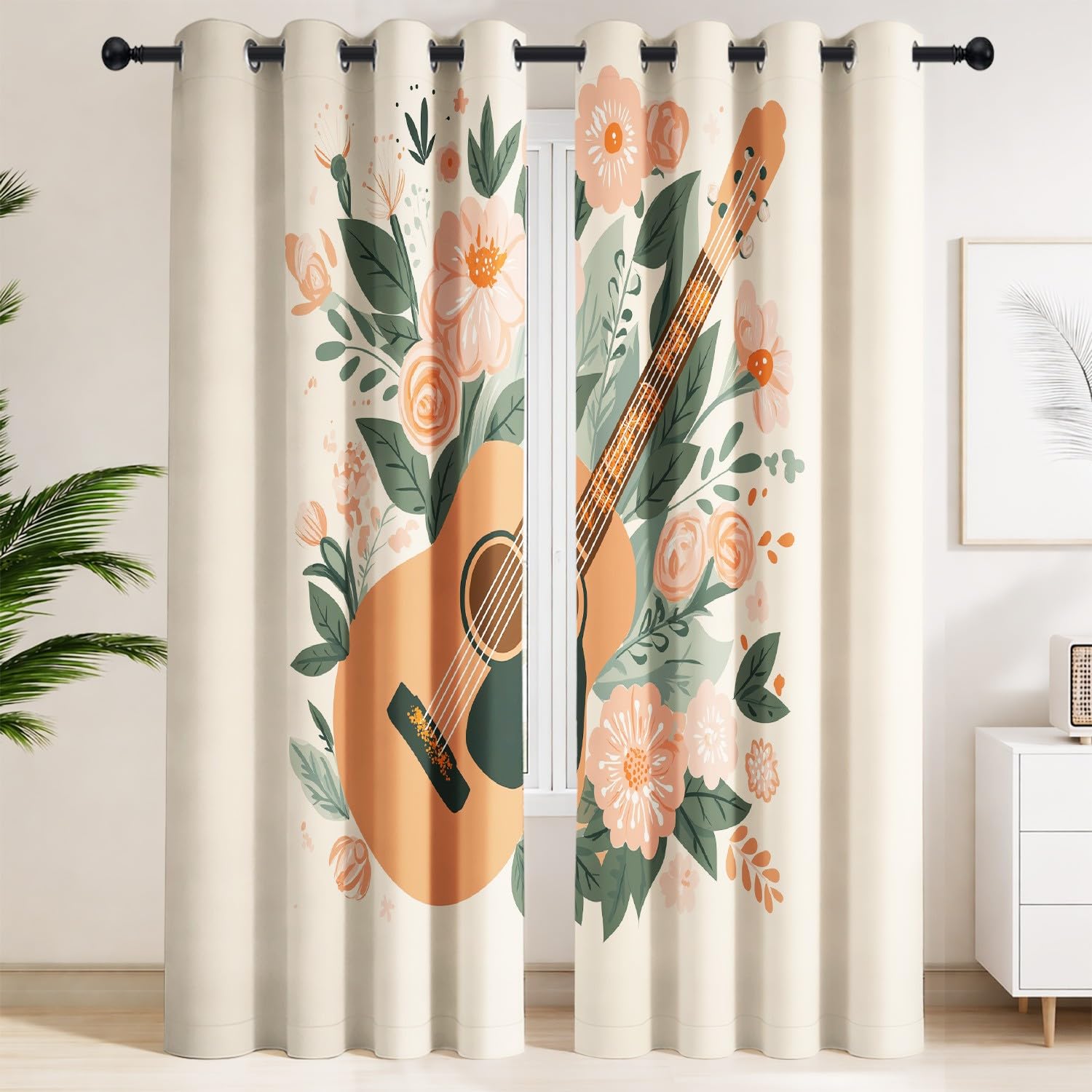 Generico Zasłony wewnętrzne 150 x 200 cm - brzoskwiniowa róża gitara w stylu vintage zielone gałęzie, casual, boho, instrument muzyczny | zasłony zaciemniające z izolacją termiczną i dźwiękoszczelną