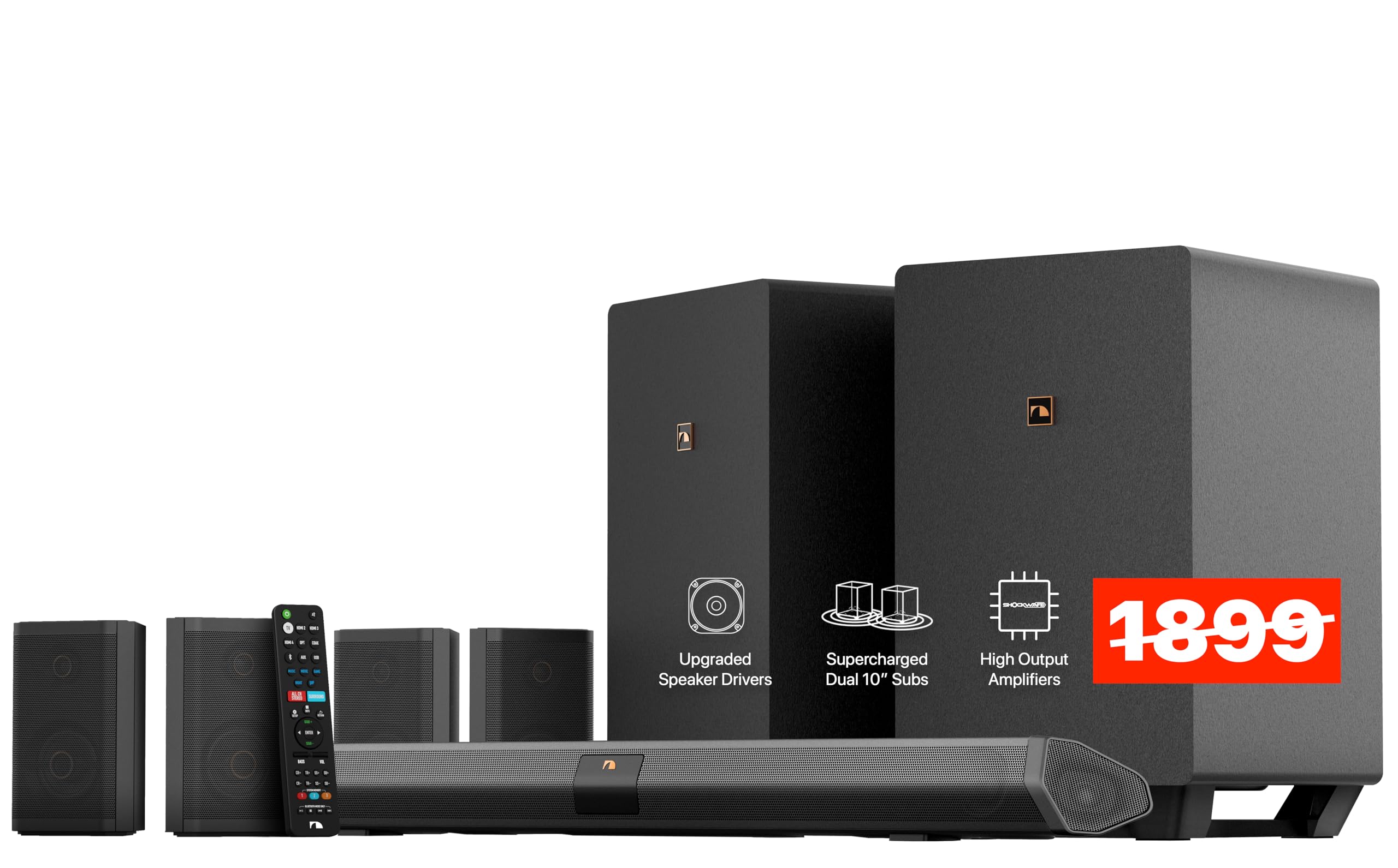 Nakamichi Shockwafe Ultra 9.2.4 Channel Soundbar System with Dolby Atmos/DTS:X, Dual 10" Subwoofers, 4 Rear Surround Speakers, 1300 Watts Max Output Power