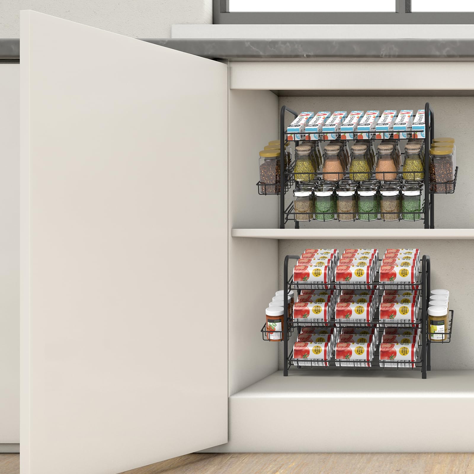 CADUKE Can Rack Organizer for Pantry, 2 Pack Can Food Storage Racks, 3 Tier Black Can Storage Dispenser with Side Basket Hold Up to 44 Cans for Kitchen, Cabinet, Countertop