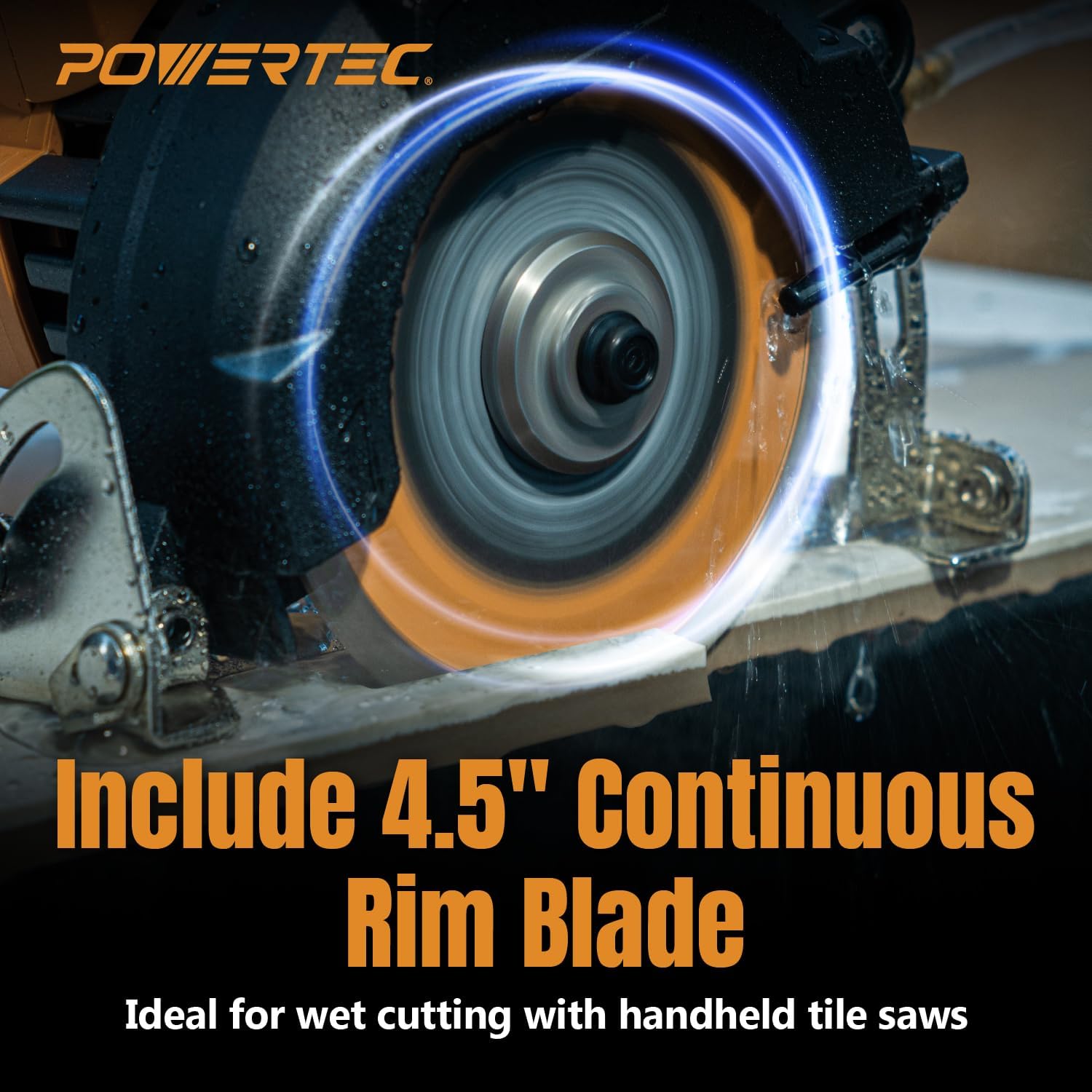POWERTEC HTS1045C 4.5" Handheld Tile Saw w/ 1 Extra Blade – 12Amp/1400W Motor, Wet/Dry Cutting with Adjustable Water Feed System, GFCI Plug, Bevel & Depth Adjustment, Compatible 4"-4.5" Diamond Blades