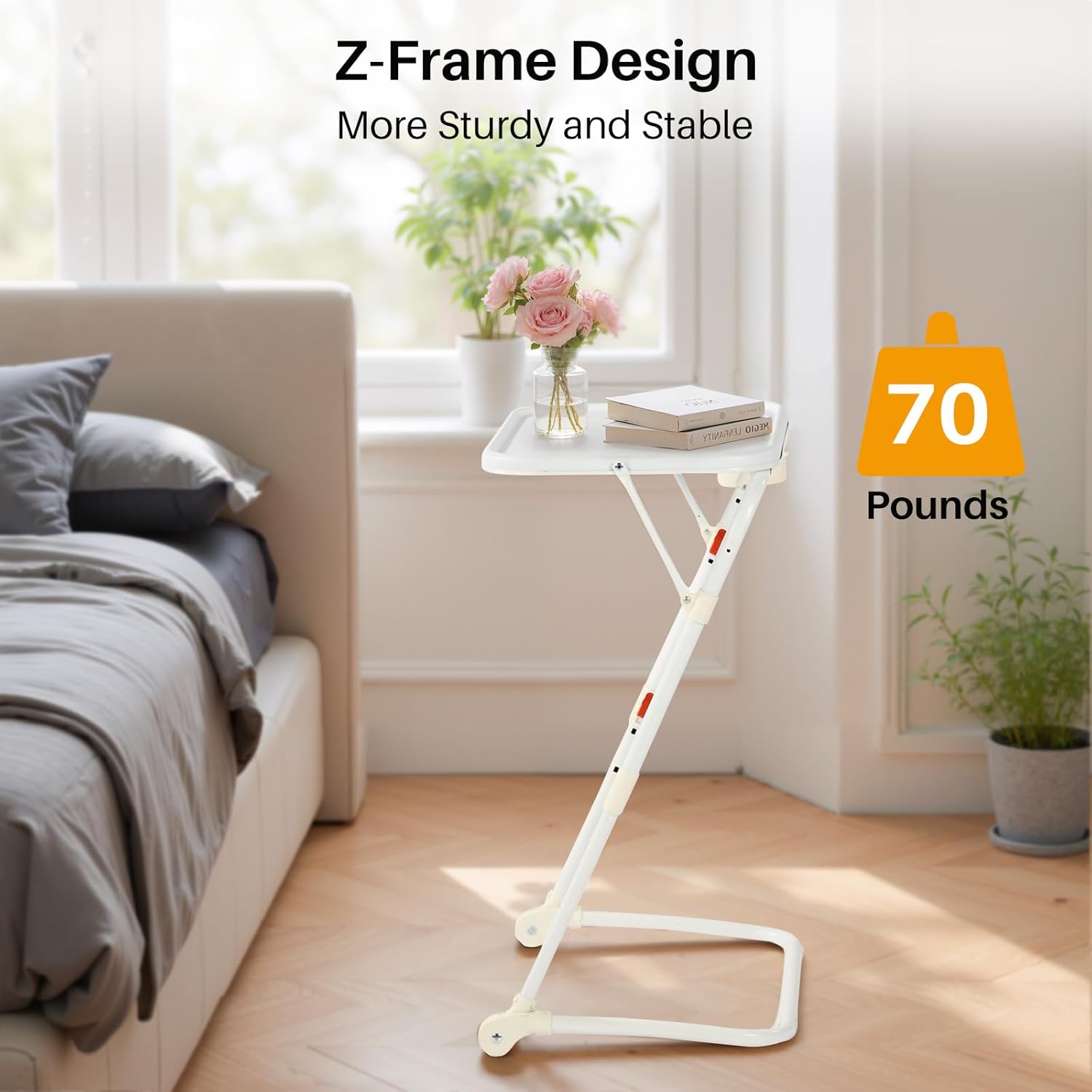 FurnitureR Folding TV Tray Table, Adjustable Snack & Dinner Table with Cup Holder, Portable Laptop Desk for Bed & Sofa, 4 Heights & 3 Tilt Angles, No Assembly Required, Set of 1, White