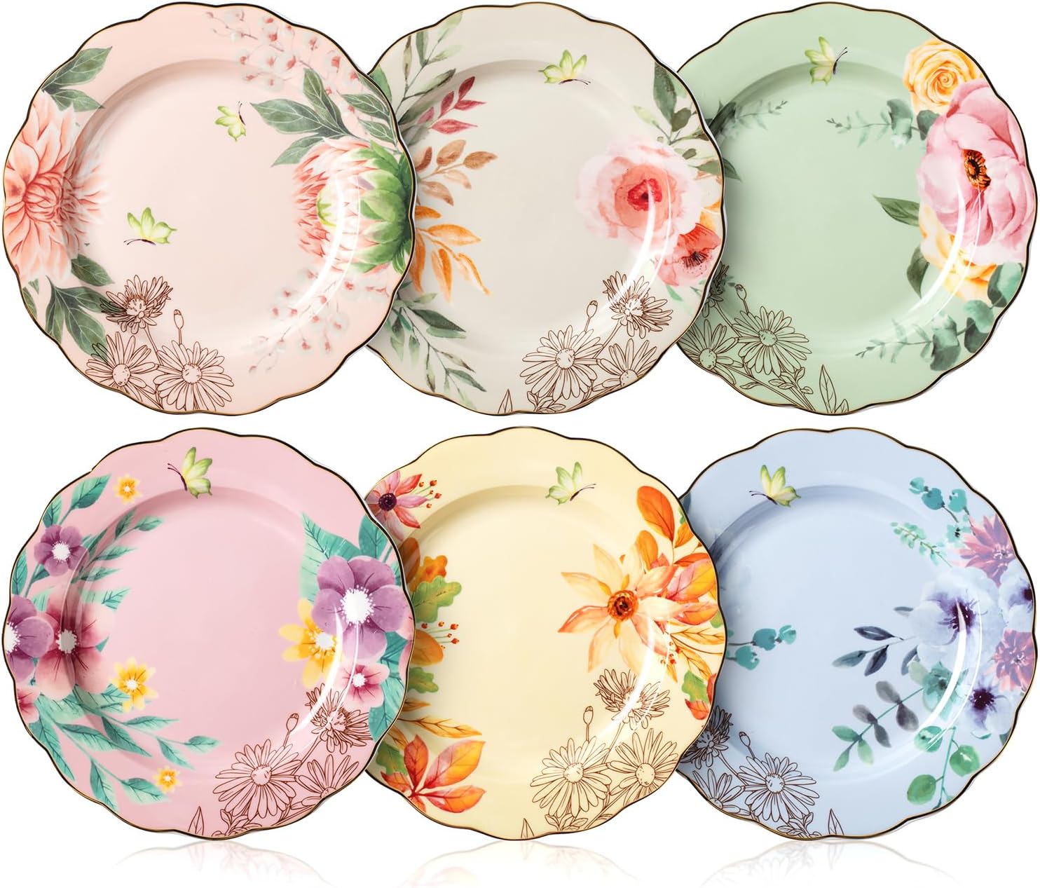 Brew To A Tea BTaT- Porcelain Floral Plates, 8 inch, Set of 6, Royal Dessert Plates, Appetizer Plates, Floral Plates, Salad Plates, Small Plates, Small Plates Set, Small Dishes, Dinnerware