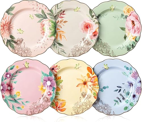 Miniatura 8 de BTaT - Platos florales de porcelana, platos de postre real, 8 pulgadas, juego de 8, platos florales, platos de ensalada, platos pequeños, juego de