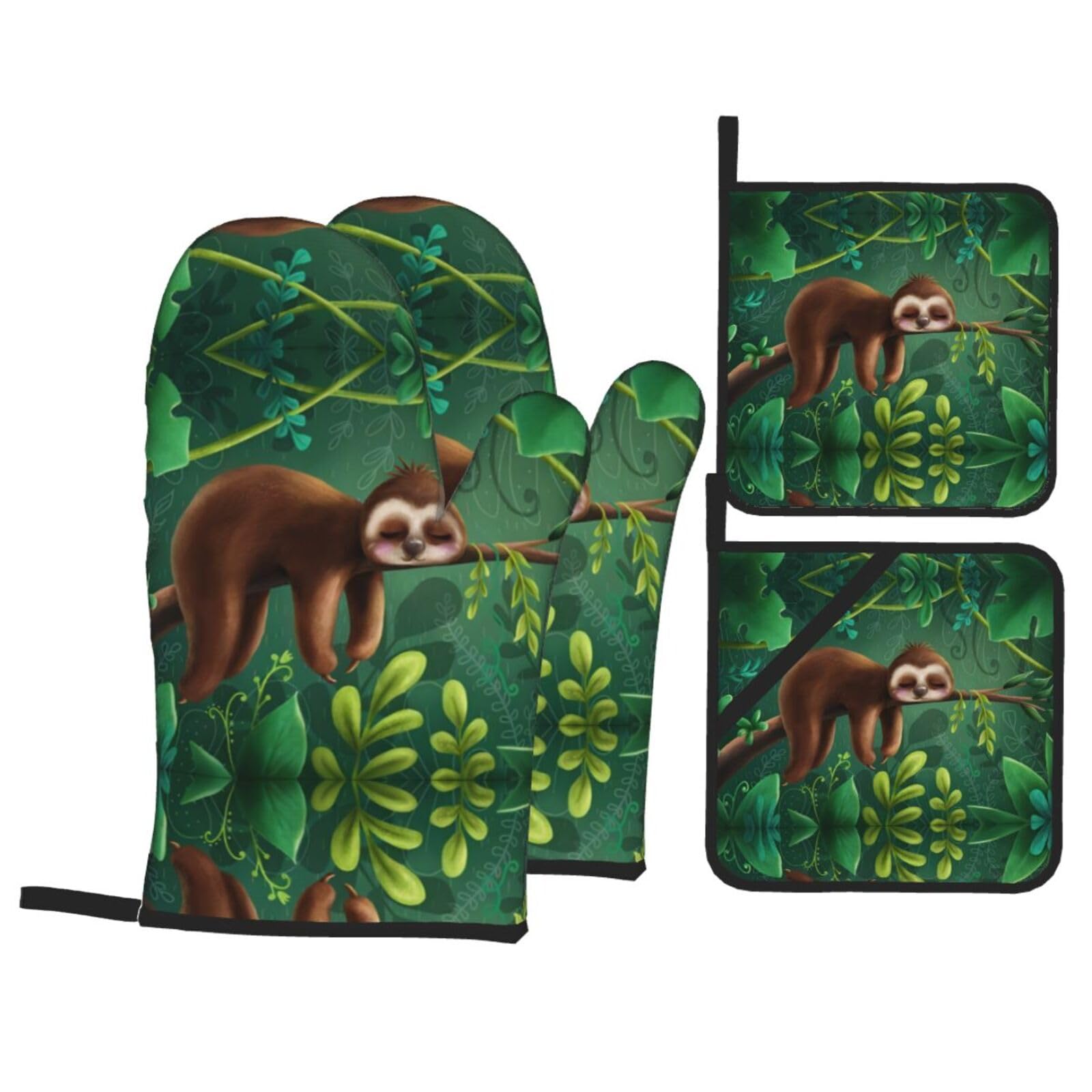 YYHHAOFA Sloth Prints Kitchen Baking Set with Heat Resistant Pot Holders & Oven Mitts - Waterproof Layer for Hot Dishes, Grill & Microwave