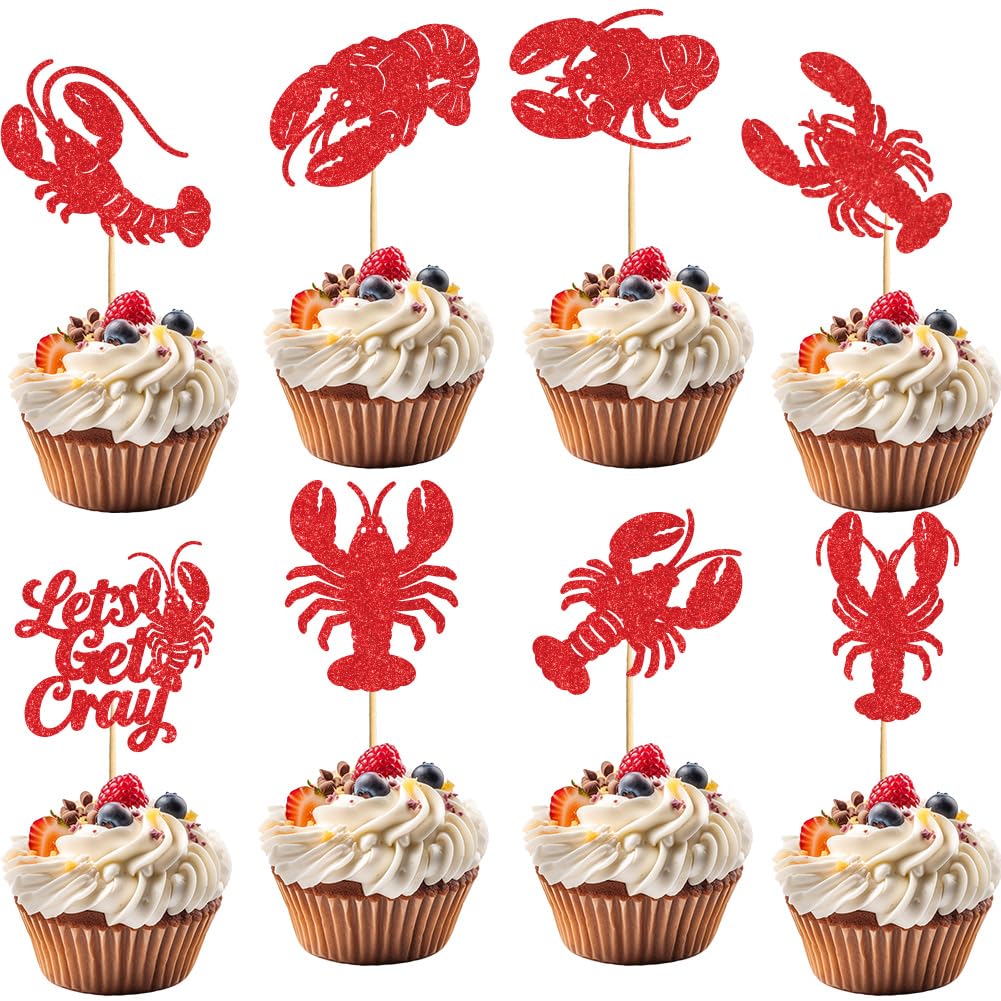 PRESSINART 24Pcs 8 Styles Crawfish Cupcake Toppers Red Lobster Themed Party Decor, Seafood Glitter Paper Cupcake Picks Cake Decorations with Bamboo Stick for Birthday Summer Party Supplies Favors