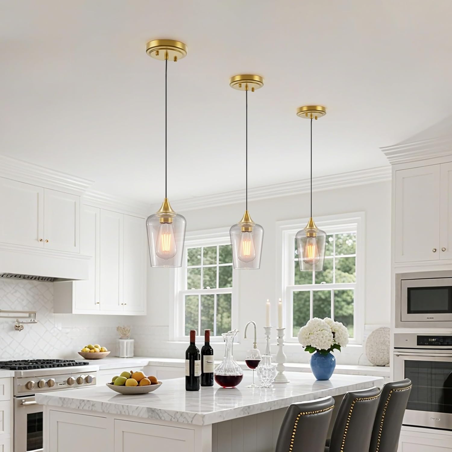 Ralbay Farmhouse Brushed Gold Pendant Light 3-Pack, Pendant Light Fixtures with Wine Clear Glass Shade, Kitchen Island Lighting for Dining Room, Rustic Adjustable Hanging Lighting Fixture
