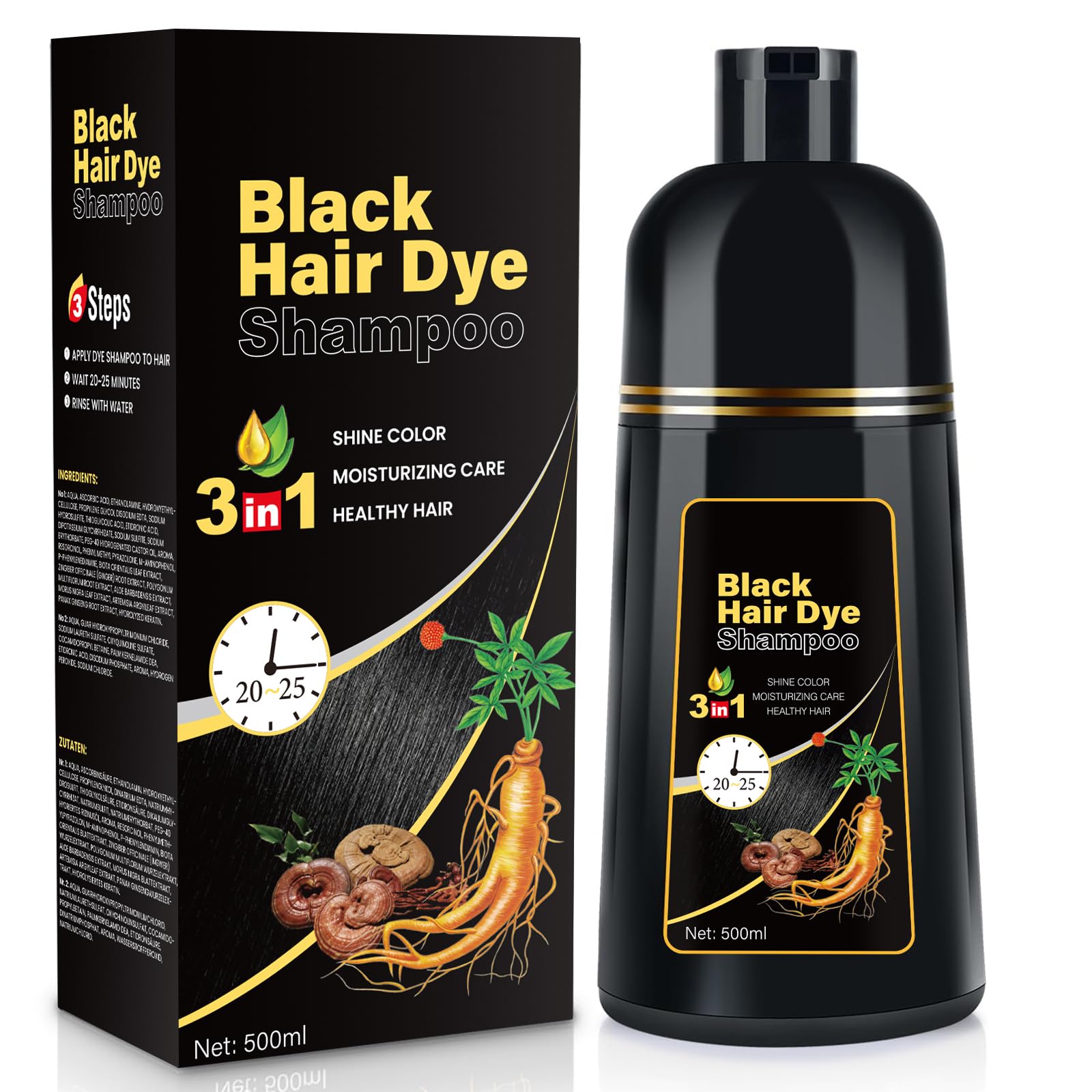 Black Hair Dye Shampoo Instant & Easy 3-in-1 Hair Color Solution for Men and Women - Herbal Formula, Ammonia-free, Lasts 30 Days - 16.90 oz
