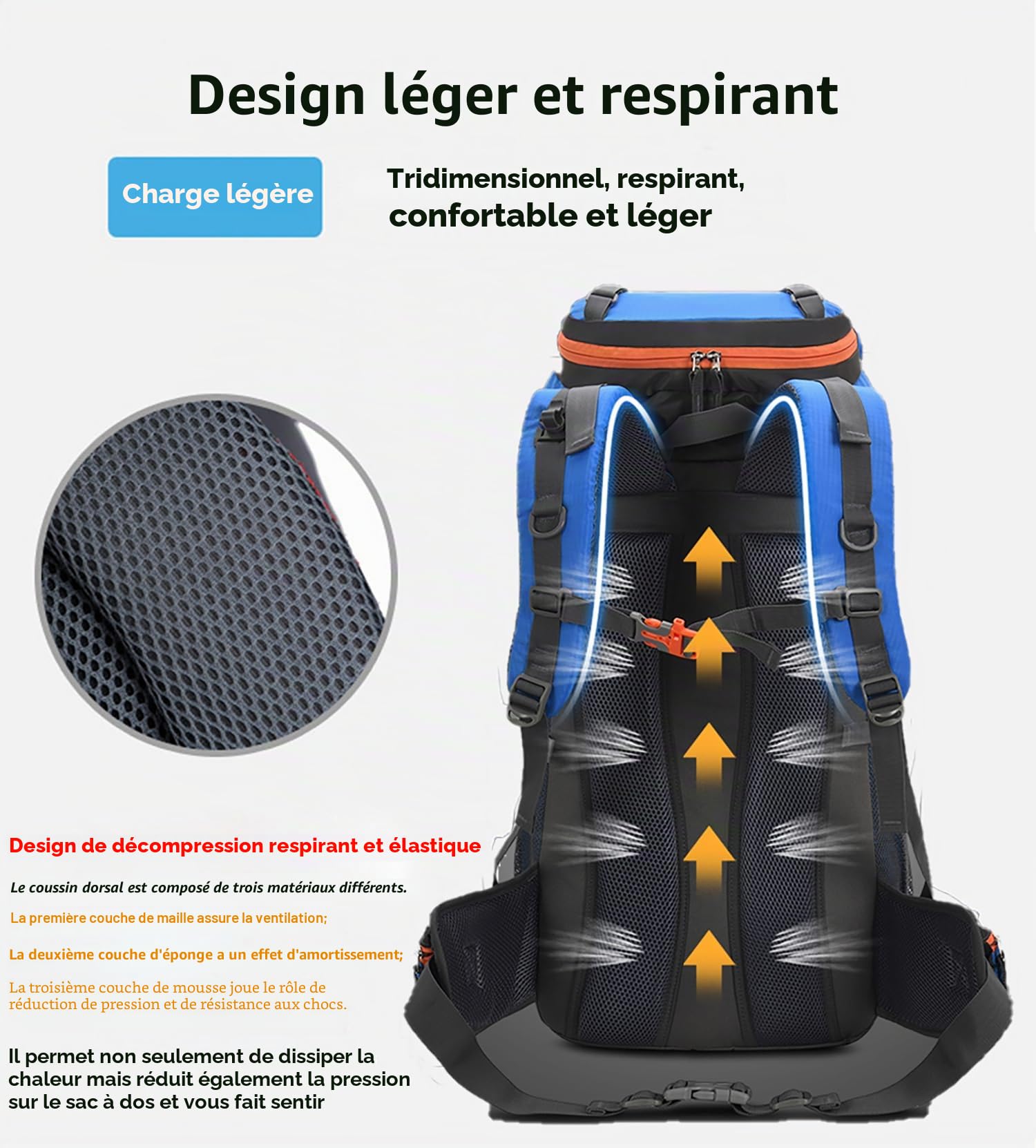 Bseash Sac à dos de randonnée 60L imperméable avec housse de pluie pour escalade camping voyage