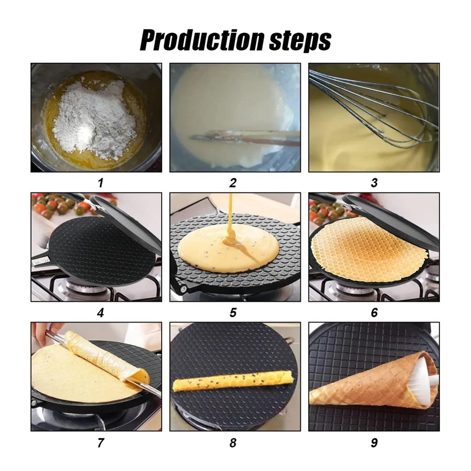 Molde Antiadherente for Tortillas de 17 cm y 22 cm, for Hacer rollitos de Huevo, gofres, Pasteles, Helados, Conos, Utensilios for Hornear(22cm Black)