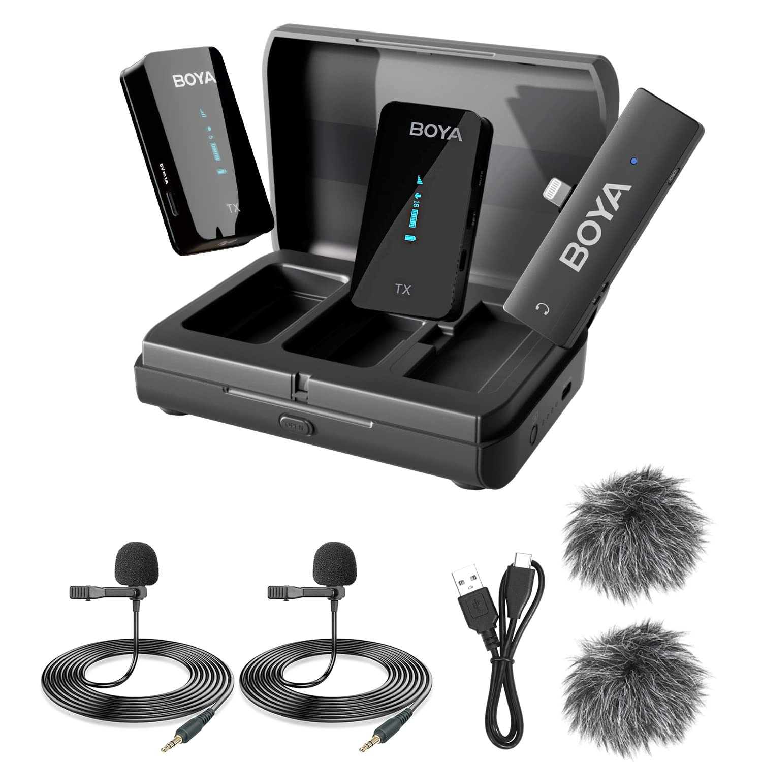 BOYA Wireless Lavalier Microphone for iPhone by-XM6 K4 MFi Lightning Plug Play Dual Microphones with Charging Case Clip On Lapel Mic for Video Recording Interview YouTube Streaming Vlogging