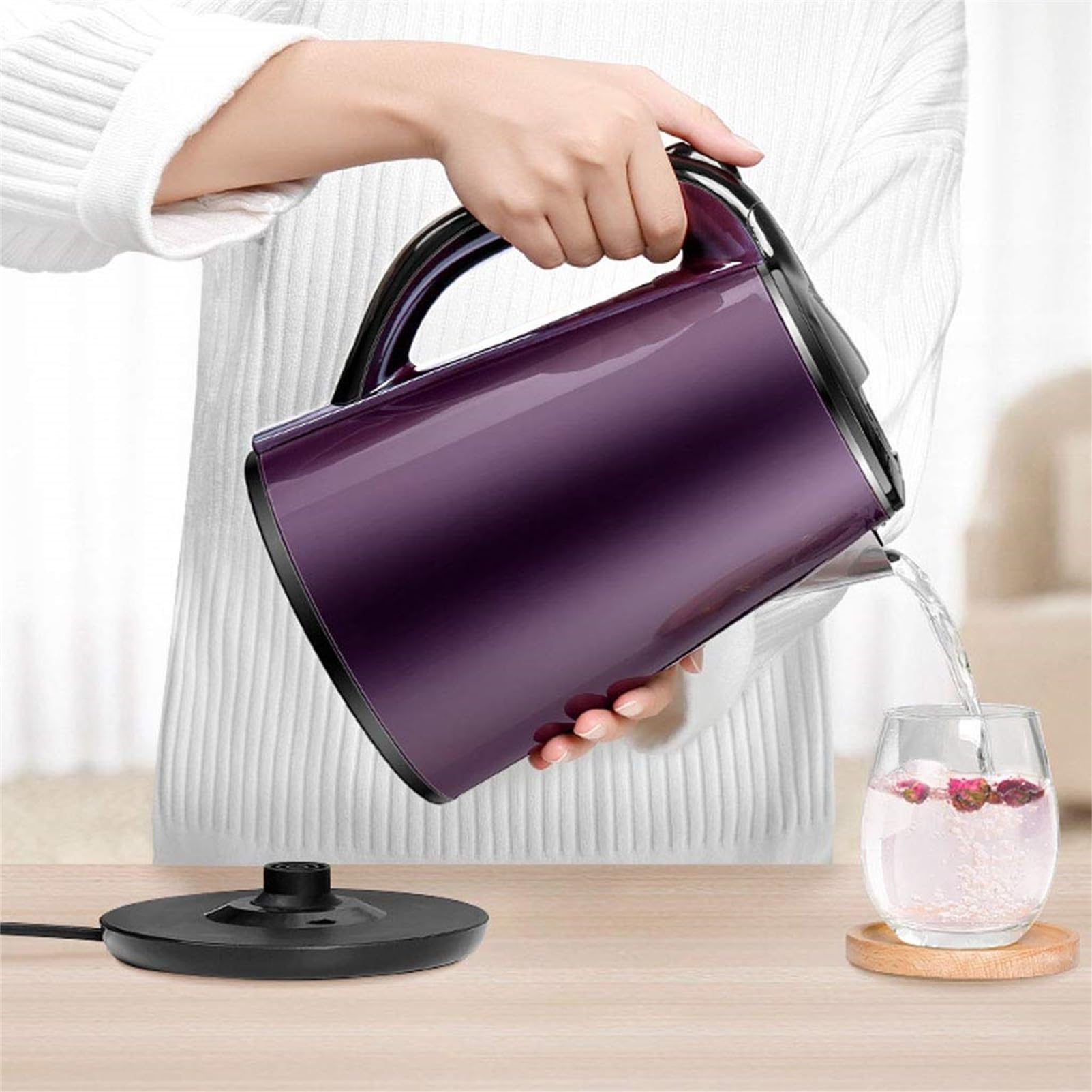 Hervidor eléctrico de gran capacidad, apagado automático, para uso doméstico, 24 horas de aislamiento, 1500 W, acero inoxidable integrado, 1,8 L, color morado