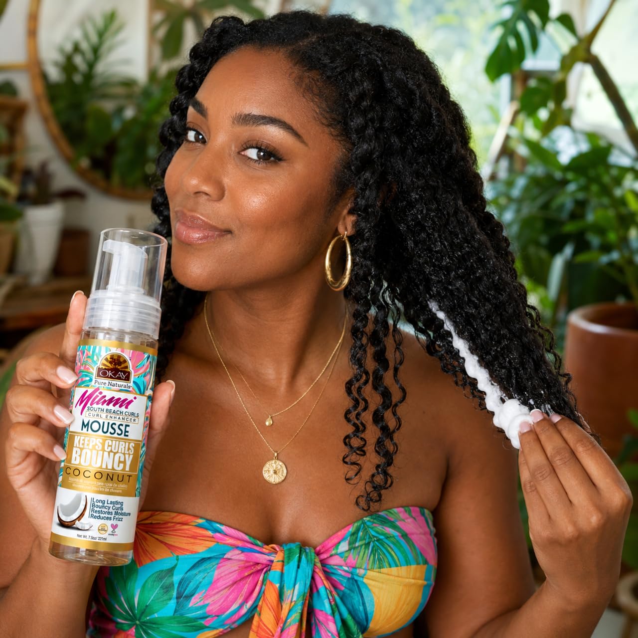 OKAY Miami South Beach Curls Curl Enhancer Mousse 7.5 oz – Lightweight Curl Defining Hair Styling Foam with Coconut Oil & Aloe Vera for Frizz Control, Volume & Soft Defined Curls
