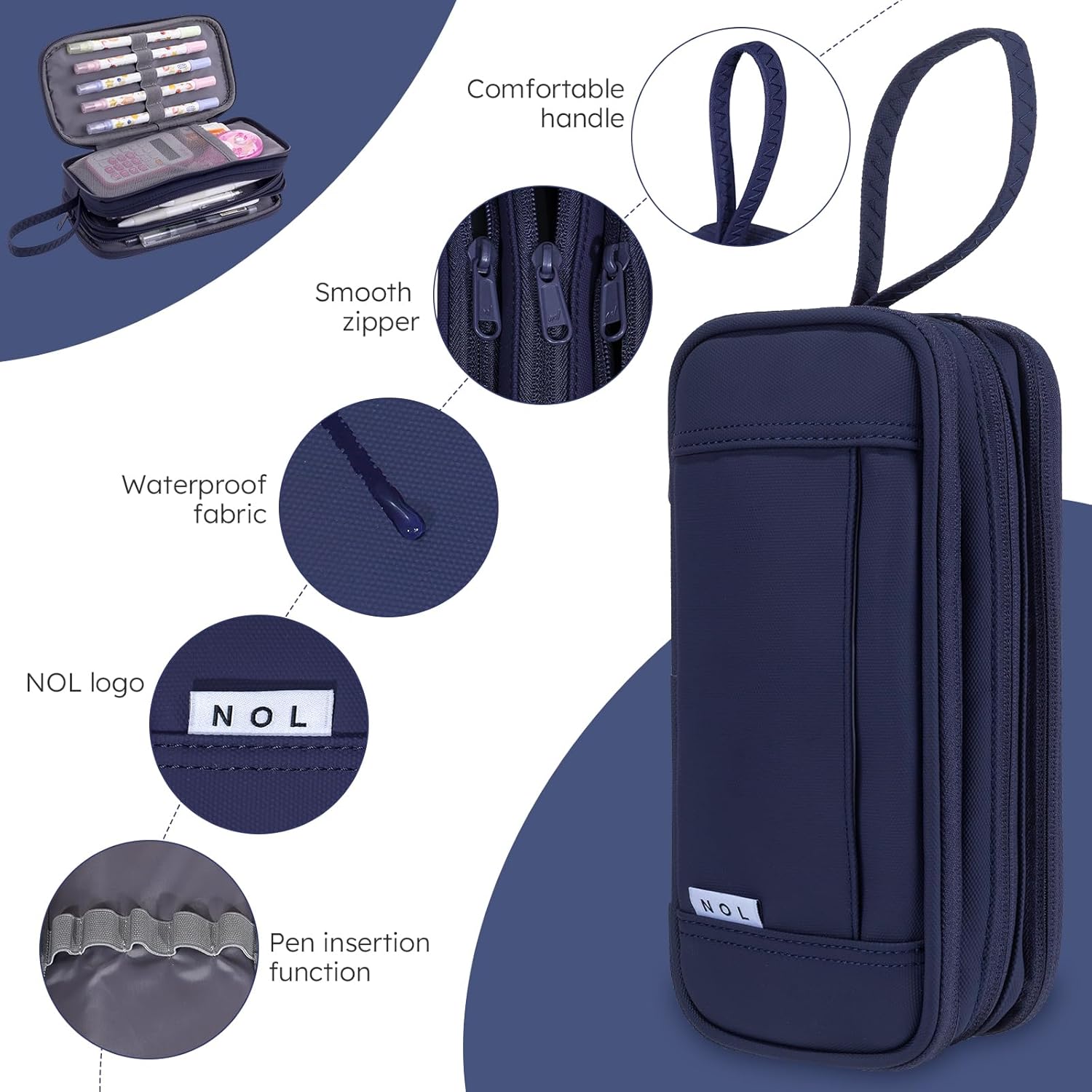 NOL Natural Organic Lifestyle Large Capacity Pencil Case Zipper Pencil Purse 3 Compartment Pencil Pouch Office Stationery Organizer Multi-functional Pencil Bag for School Girl Boy Adults - Navy blue - Image 6