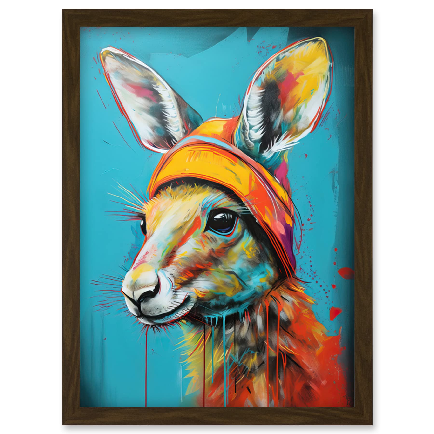 Artery8 Baby Kangaroo Joey Wearing Hat Teal and Orange Artwork Framed Wall Art Print A4