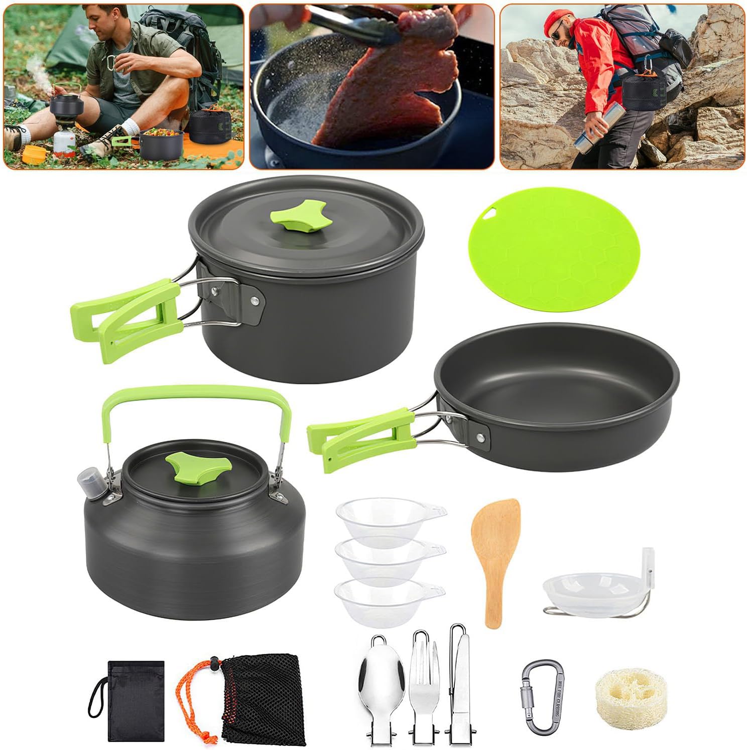 16Pcs Camping Cooking Ware Set Camping Stove Cookware Kit Aluminum Pot Pan Kettle Set with Bowls Knife Fork Spoon Carabiner Spatula Cutting Board for Hiking Picnic Outdoor