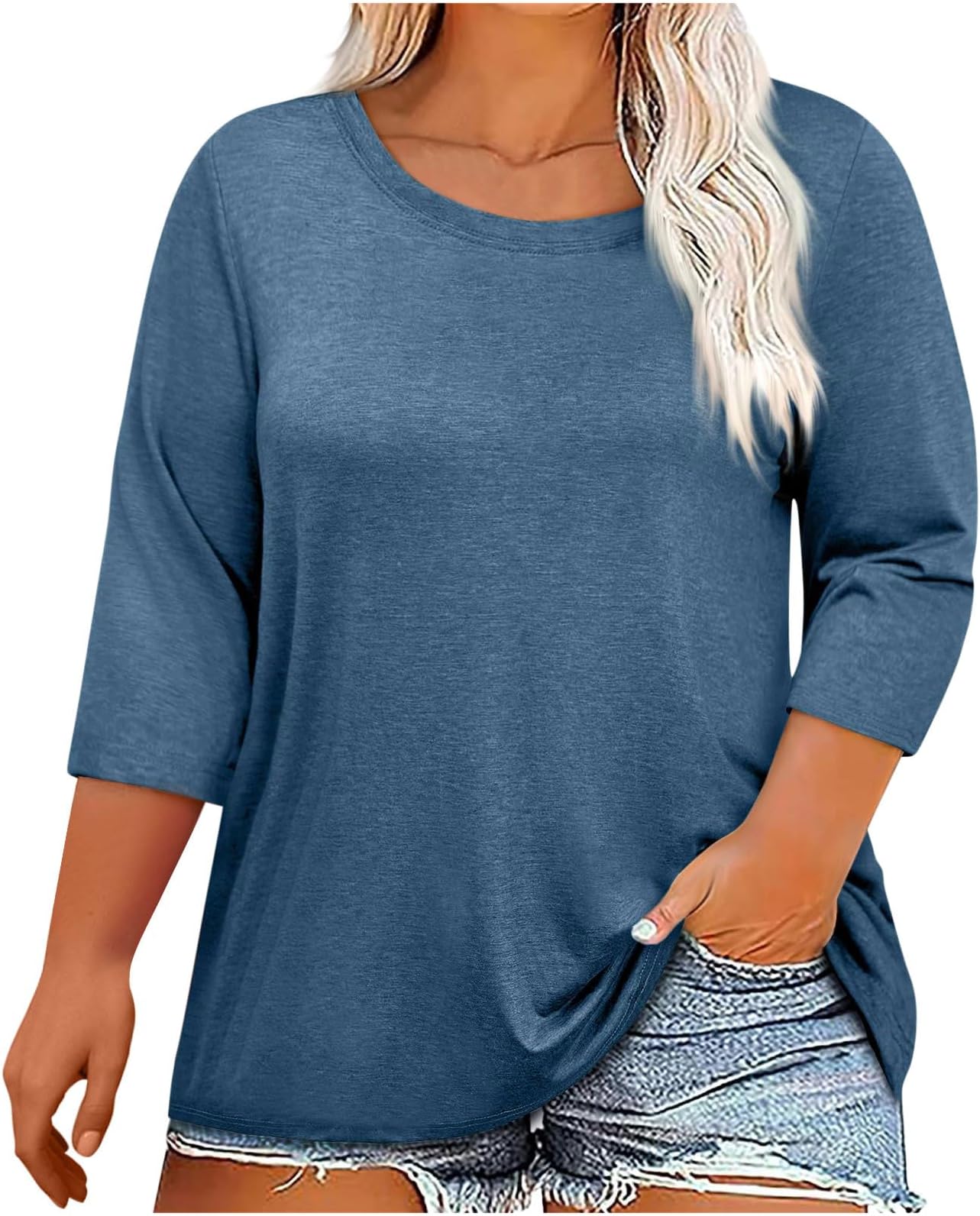 Women's Plus Size Tops 3/4 Sleeve Crew Neck T Shirts Casual Dressy Tunic Blouse Plain Loose Tees Oversized Tshirts Ladies Going Out Top Daily Outings Loungewear X-5Xl