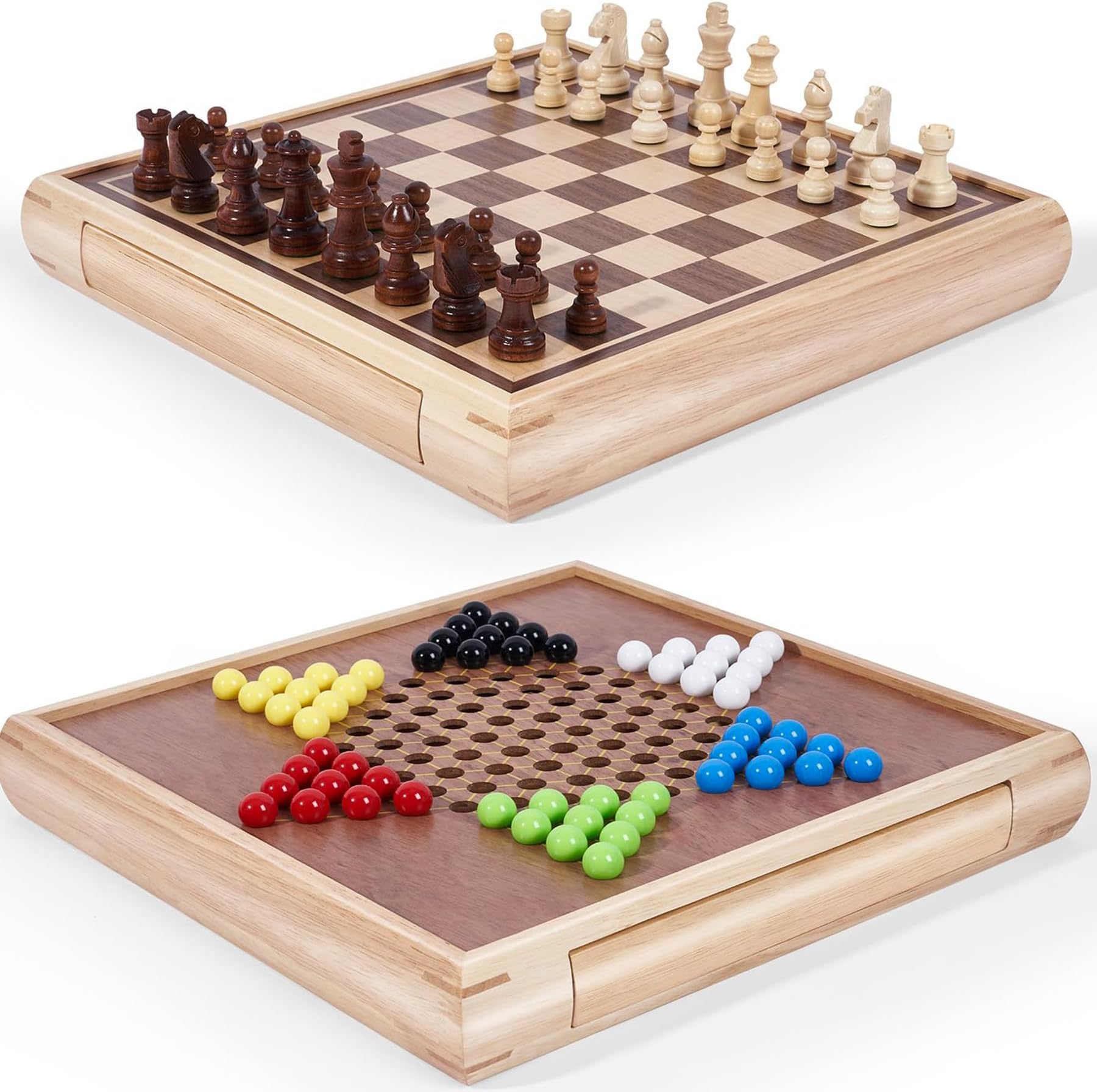 VAMSLOVE 2 in 1 Chess and Chinese Checkers Board Game Set for Adults 13inch Wooden Magnetic Chess with Storage Drawer - 2 Extra Queens
