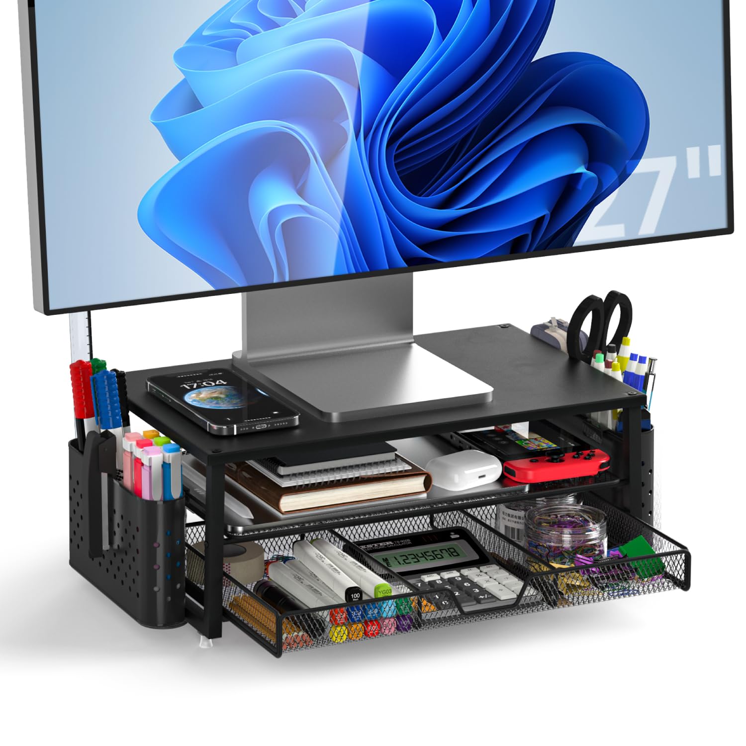 MOWETOO Monitor Ständer mit 2 Ebenen,Druckerständer, Monitorständer mit Gitterplattform, Schublade und Stifthalter, geeignet für Laptop, Computer, PC, Drucker, Beamer bis zu 20 kg (Matte Black)