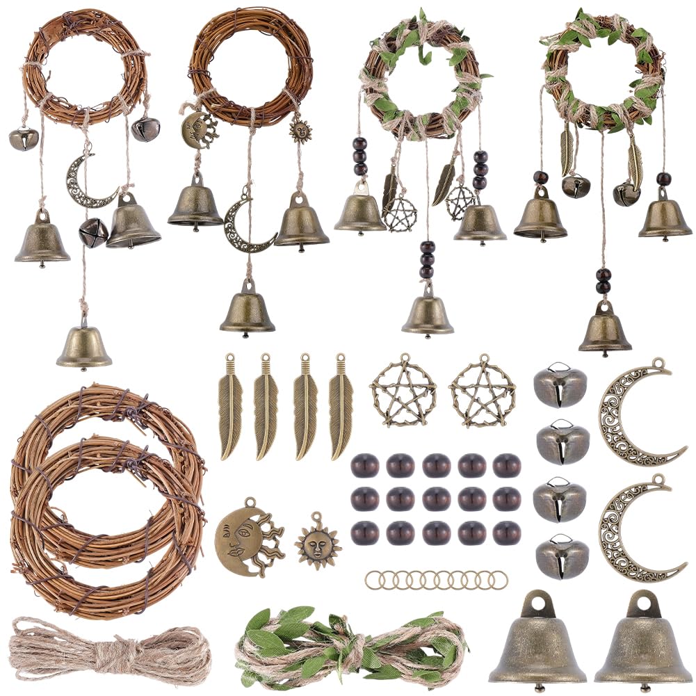 SUNNYCLUE 1 Box DIY 4 Sets Witches Bells Diy Kit Door Knob Charms Kits Vintage Witchy Hanging Moon Sun Magic Charms Jingle Decor Witch Bells for Door Home Room Protection Front Outside Garden Window