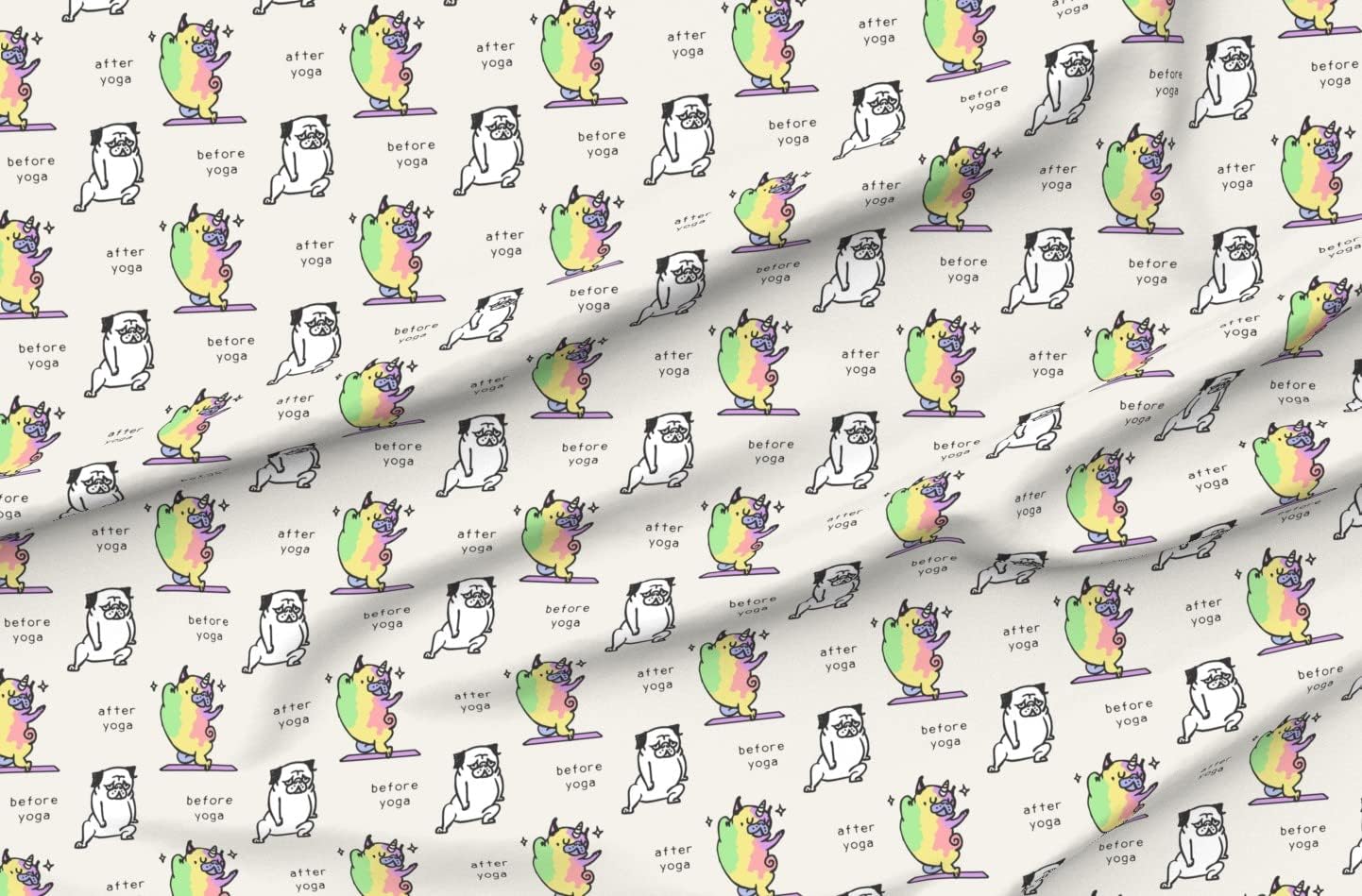 Spoonflower Fabric - Yoga Exercise Puppy Dogs Pug Funny Printed on Organic Cotton Sateen Fabric by The Yard - Sewing Quilting Apparel Home Decor
