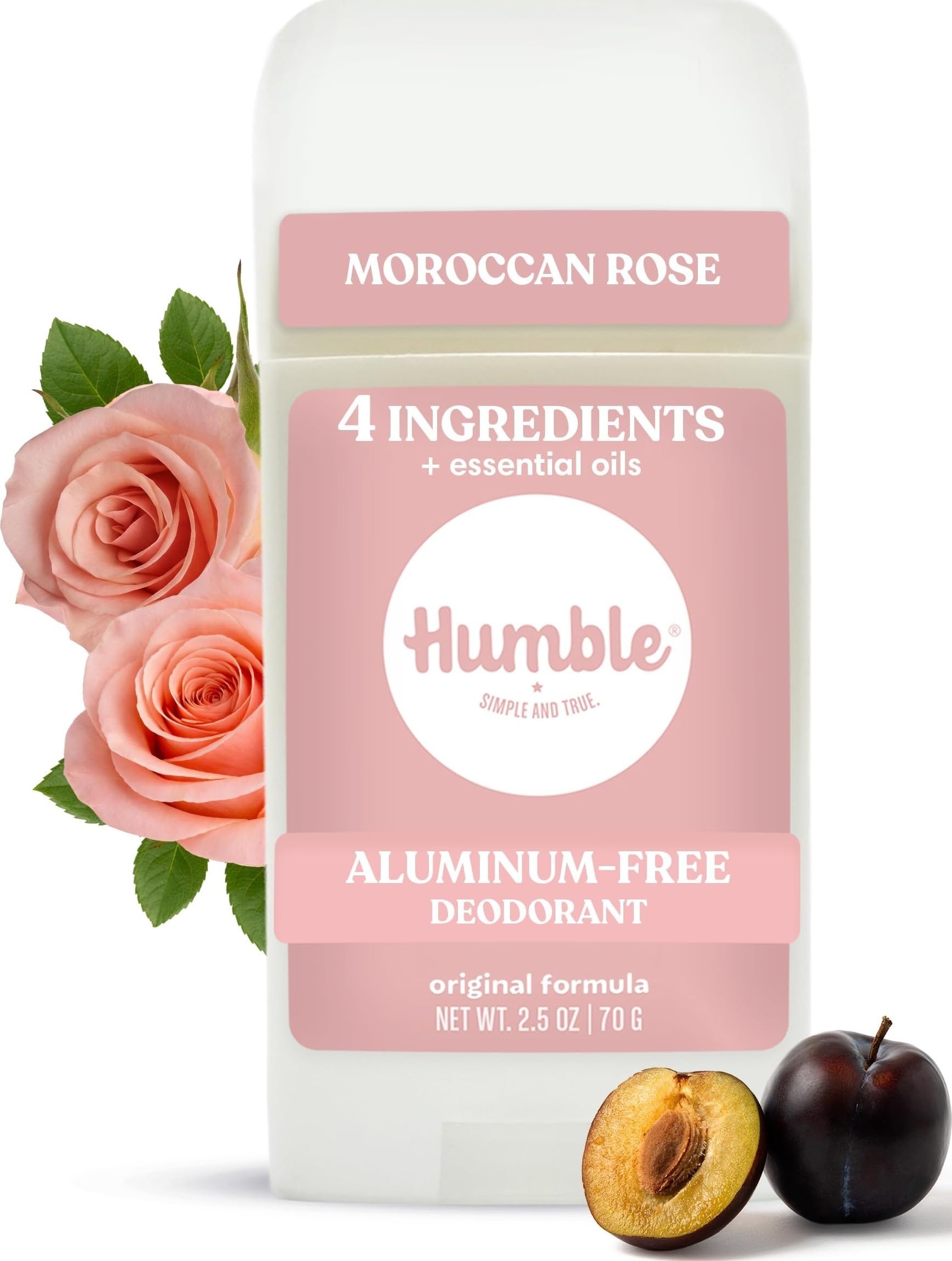 HUMBLE SIMPLE AND TRUE. Humble Brands - Desodorante original sin aluminio, control de olores de larga duración con bicarbonato de sodio y aceites esenciales, rosa marroquí, paquete de 1