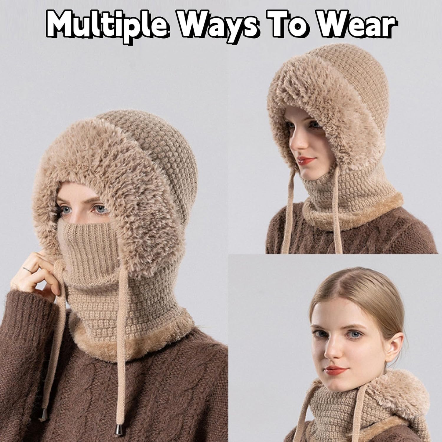 Czapka beanie 3 w 1 dla kobiet, dzianinowa kominiarka odporna na zimno czapka zimowa, wiatroszczelna czapka szalik na zewnątrz