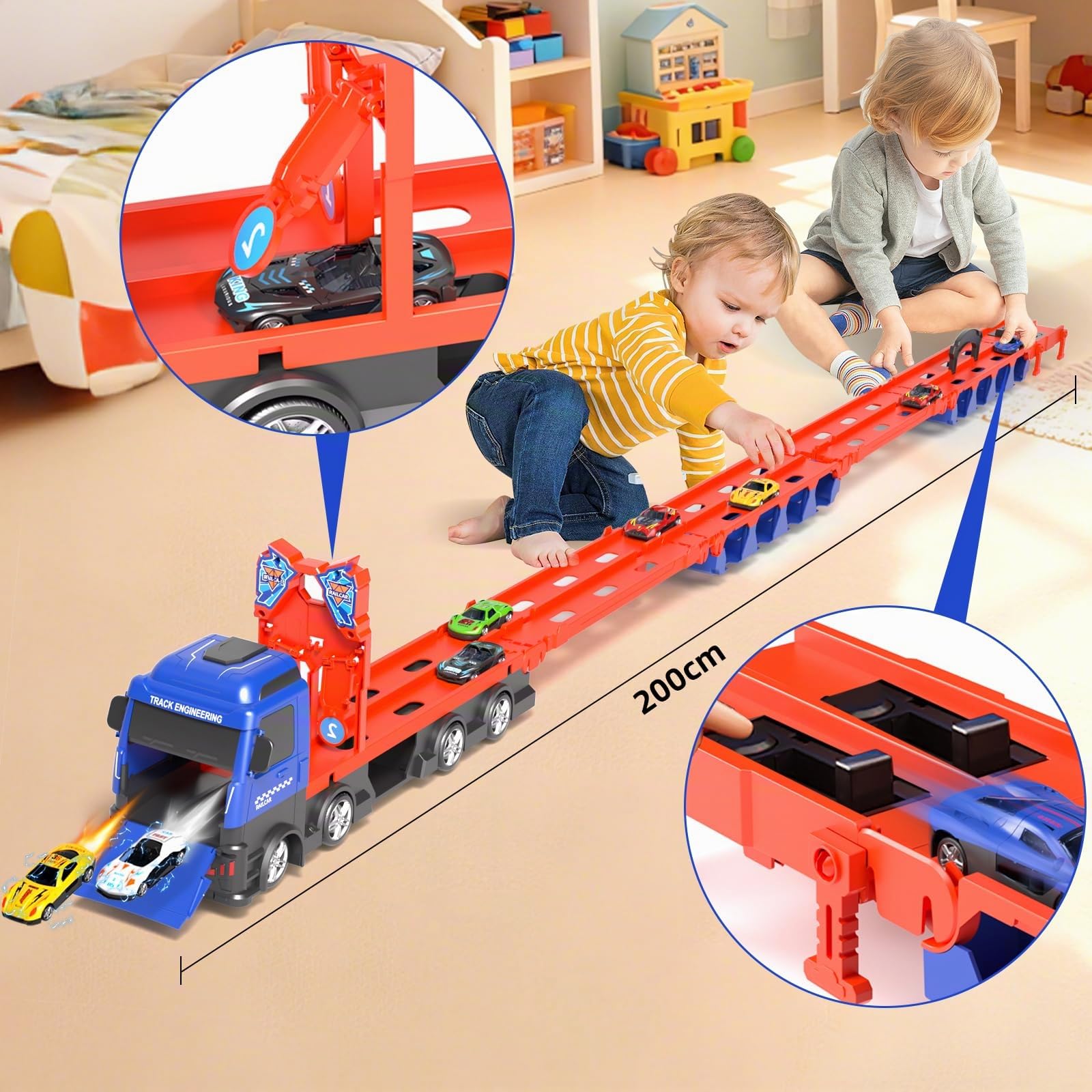 Doloowee vagón catapulta para Juguetes a Partir de 3 años, camión de Transporte portátil Coches de Juguete con 12 Mini Coches de Carreras, Coche transportador de Juguete para niños de 3 4 5 6 7 años