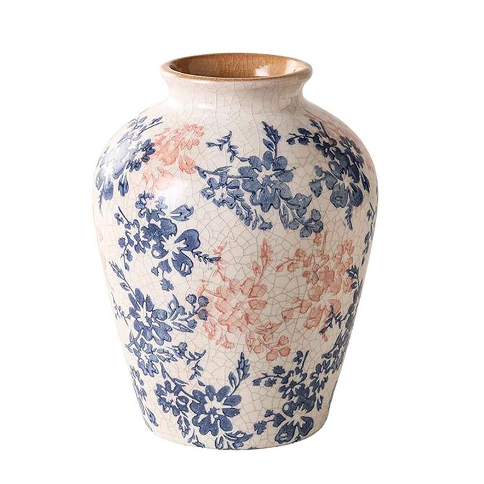 Vase bleu et blanc céramique chinoiserie rétro fleurs