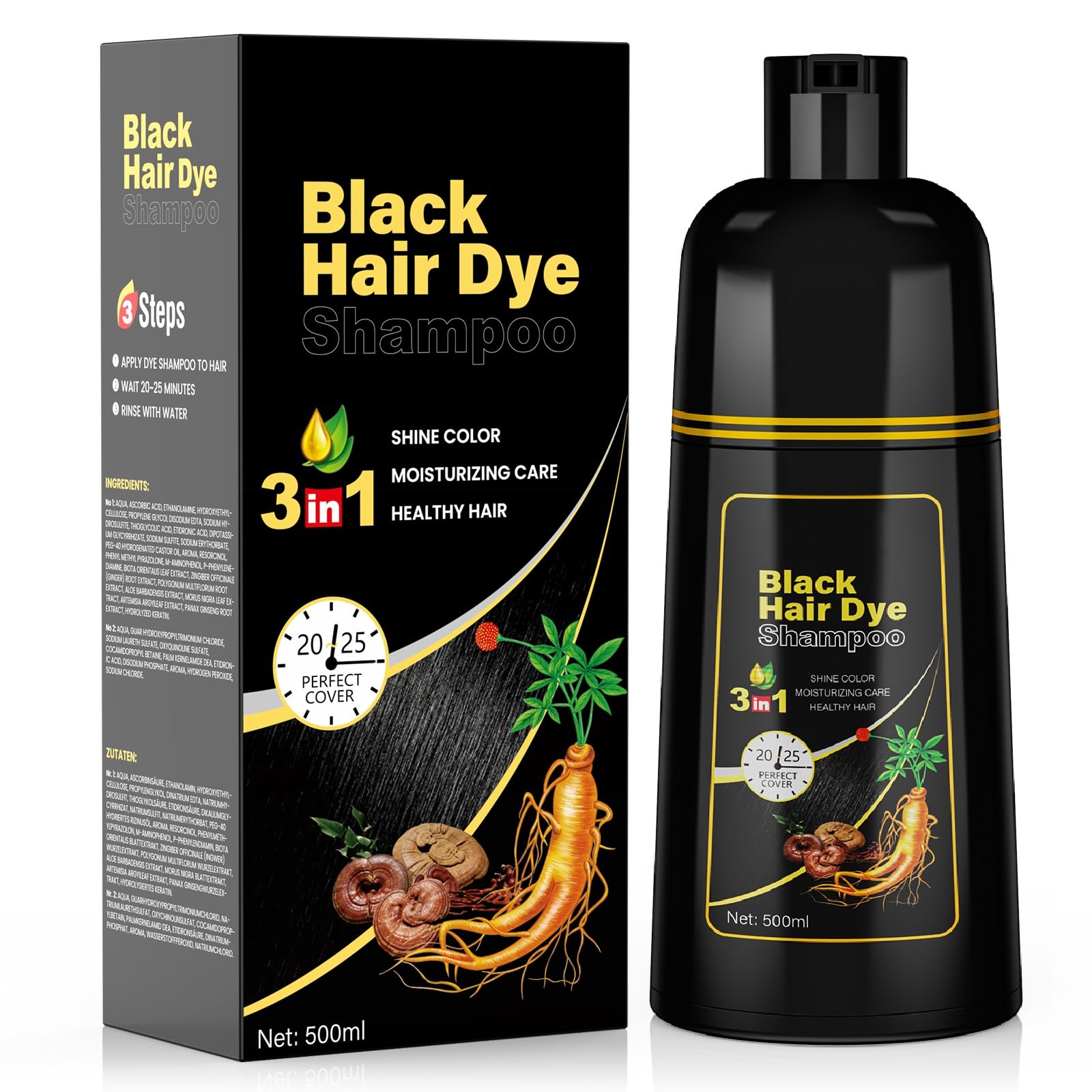 Black Hair Dye Shampoo 3 in1 for Women&Men, Hair Dye Shampoo with
