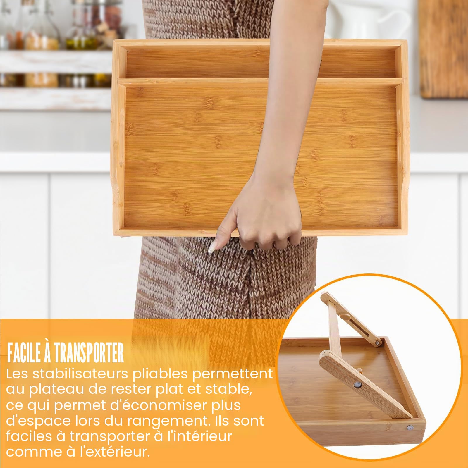 SHUESS Lot de 2 plateaux de lit en bambou - 41,5 x 30 x 20,5 cm Plateau de petit-déjeuner avec pieds pliants - Plateaux pour manger sur les genoux avec emplacement pour appareils multimédia, idéal