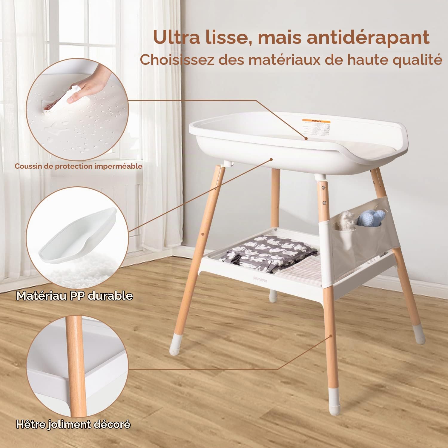 Beberoad Table à Langer Avec Grand Rangement et Sac Étanche, Blanc | Réglable en Hauteur, Coussinet Souple, Charge Max 25KG