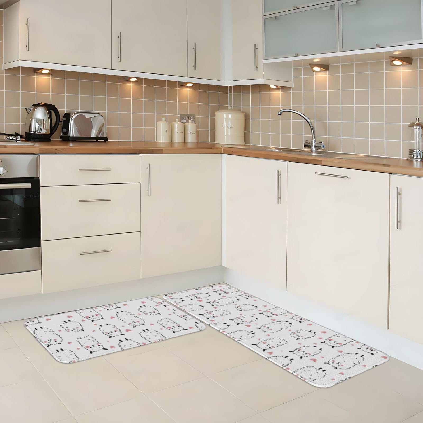 GVYGVY Antifatigue Kitchen Mats for Floor 2 Piece - Alpaca Cute Heart Print Kitchen Rugs Washable, Non Slip Runner Rug Standing Mat for Office/Bathroom/Laundry/Home Decor and Accessories