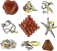 Vista 1 de Rompecabezas retro de madera y metal de dificultad de 9 piezas para adultos, adolescentes y niños, rompecabezas de mente genial