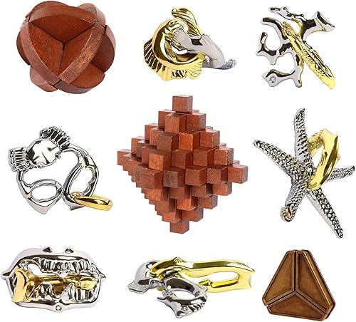 ActPo Rompecabezas retro de madera y metal de dificultad de 9 piezas para adultos, adolescentes y niños, rompecabezas de mente genial