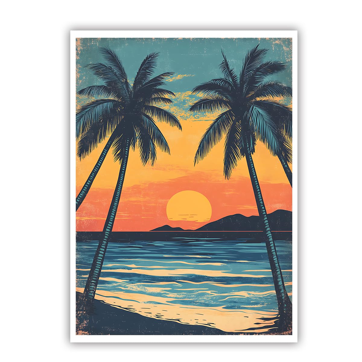 CHERHERART Pop Art vintage sur plage tropicale Estampes sur toile Photos Coucher de soleil Palmier Peinture sur toile Œuvre minimaliste pour salon 85x140cm Sans cadre