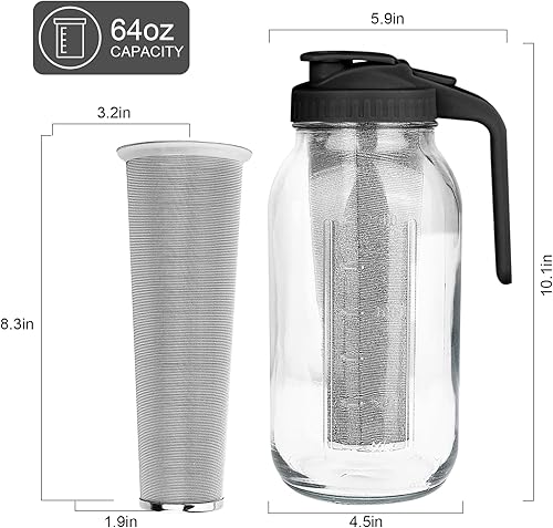 Miniatura 7 de Cafetera de cerveza fría, jarra de tarro Mason de boca ancha de 64 onzas con filtro de acero inoxidable, tapa de mango de boquilla, jarra de vidrio