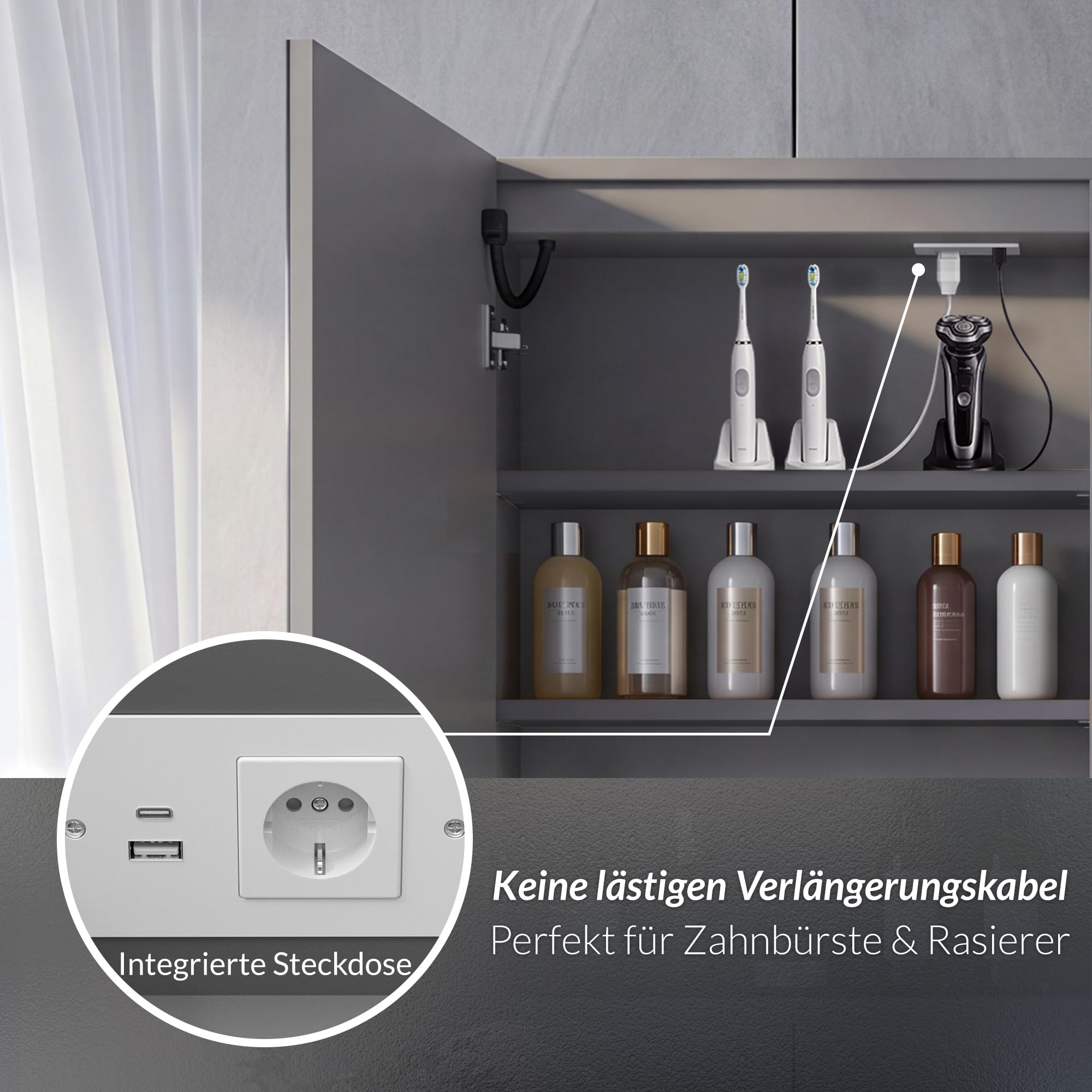 Spiegelschrank Bad mit Beleuchtung Vormontiert 60x70x14cm Steingrau