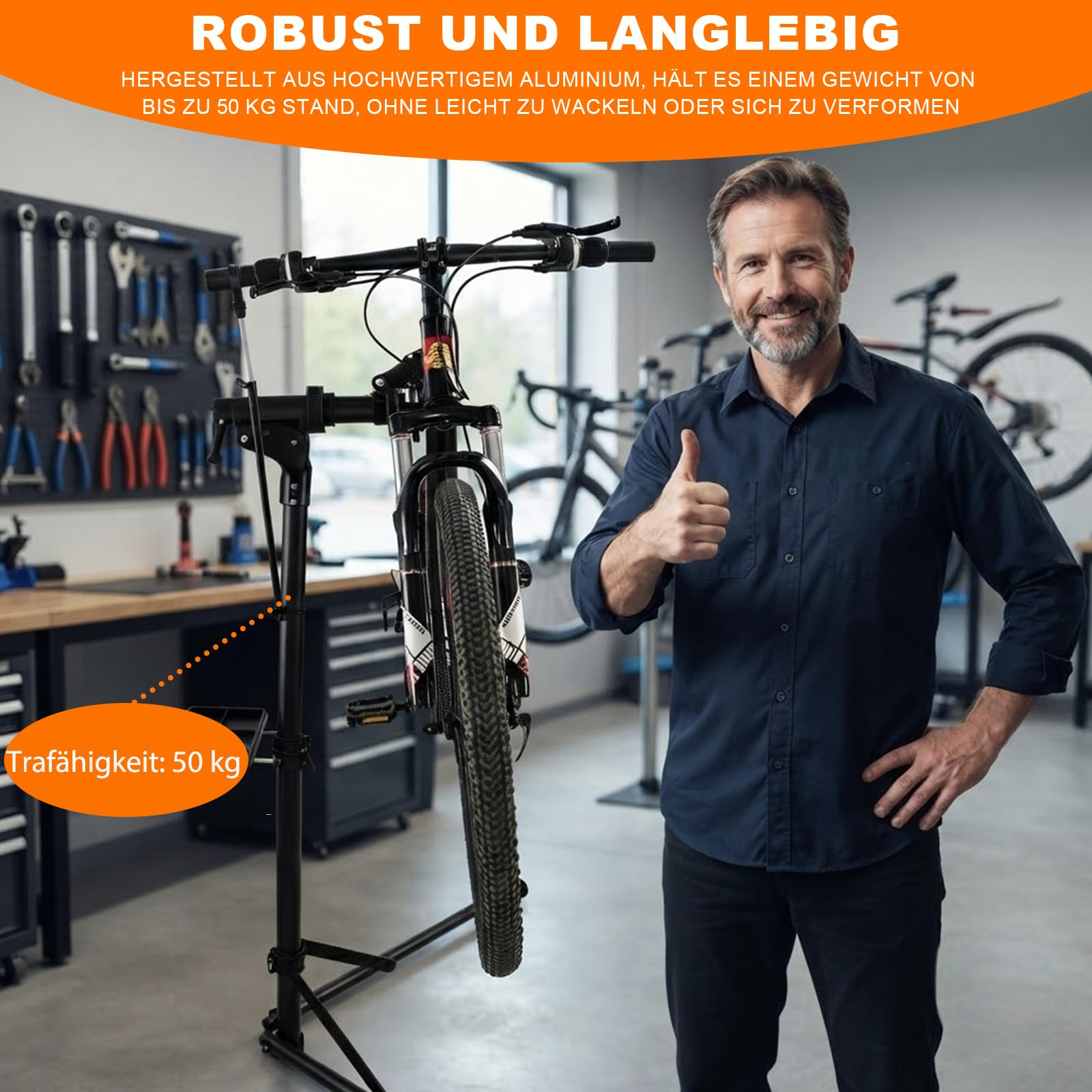 TEOV Fahrrad Montageständer Aluminium, Belastbarkeit 50kg & 360° drehbar, 100-160cm höhenverstellbar, klappbarer Profi-Reparaturständer mit Werkzeugtasche für Ø 2.5~5 cm E-Bike Mountainbike Citybike