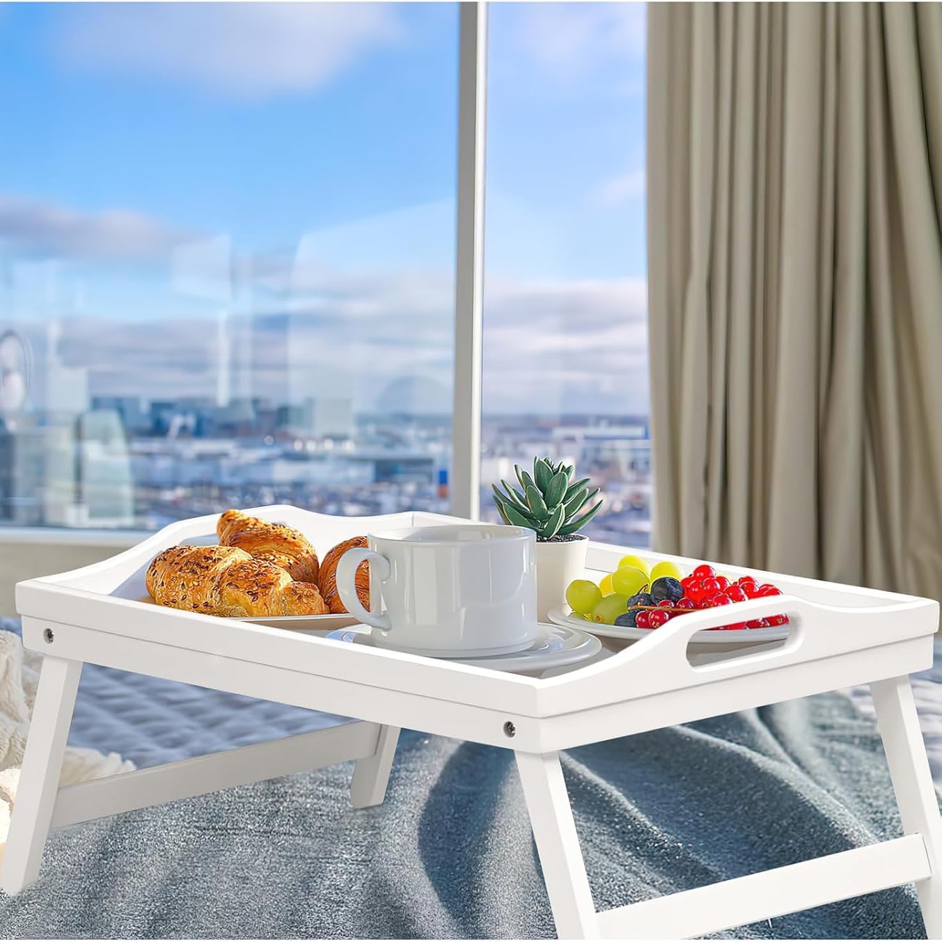 INNOVATIVE LIFE 2-Pack Bed Tray Table with Folding Legs Wooden Serving Breakfast in Bed or Platter Tray,TV Table Laptop Computer Tray Snack Tray Large Size, White